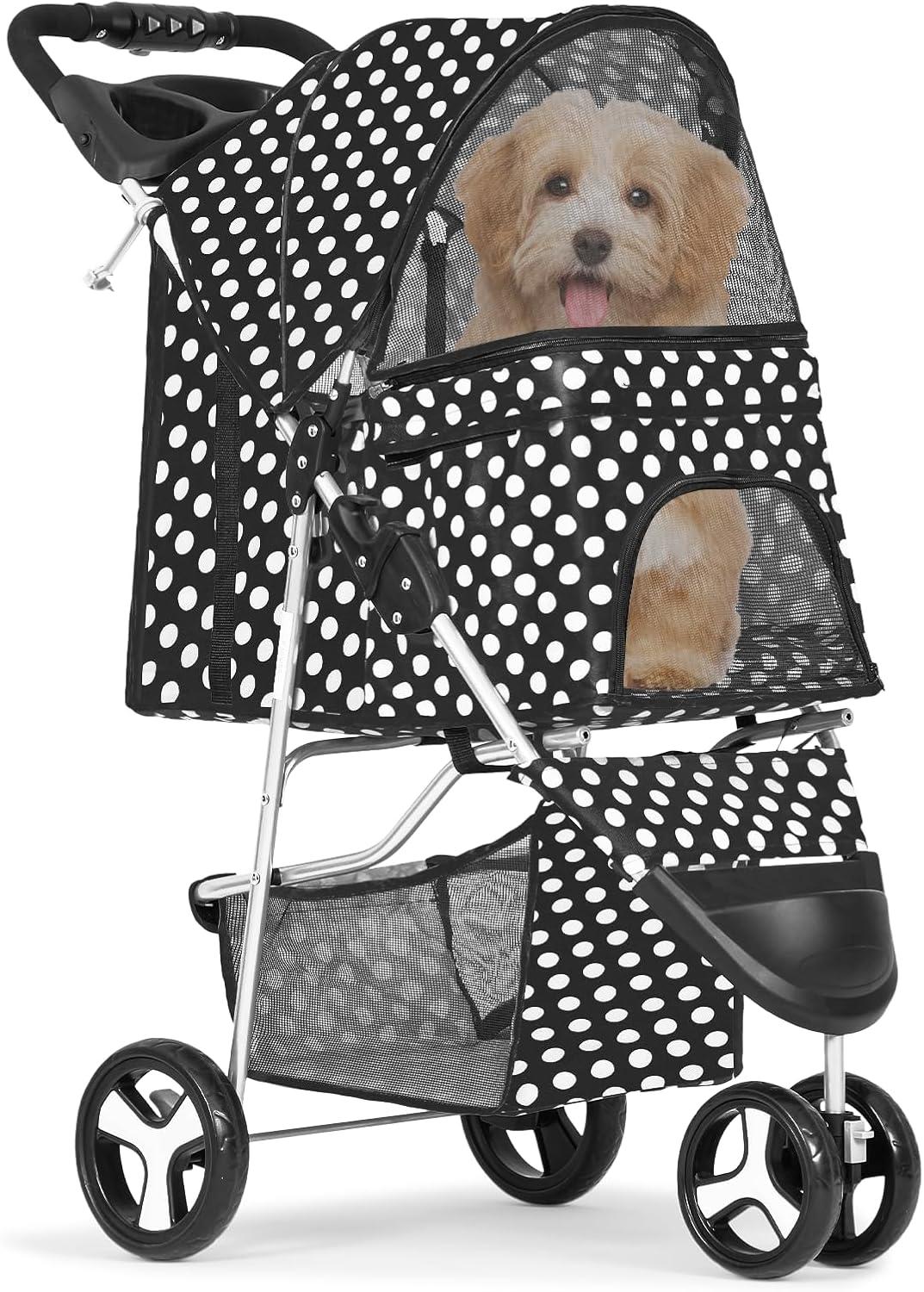 Black and White Polka Dot Foldable Dog Stroller with Storage