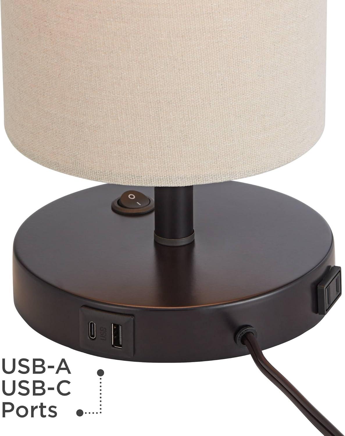 360 Lighting Heyburn Modern Accent Table Lamp 20" High Dark Bronze with USB and AC Power Outlet in Base Oatmeal Cylinder Shade for Bedroom Office Desk