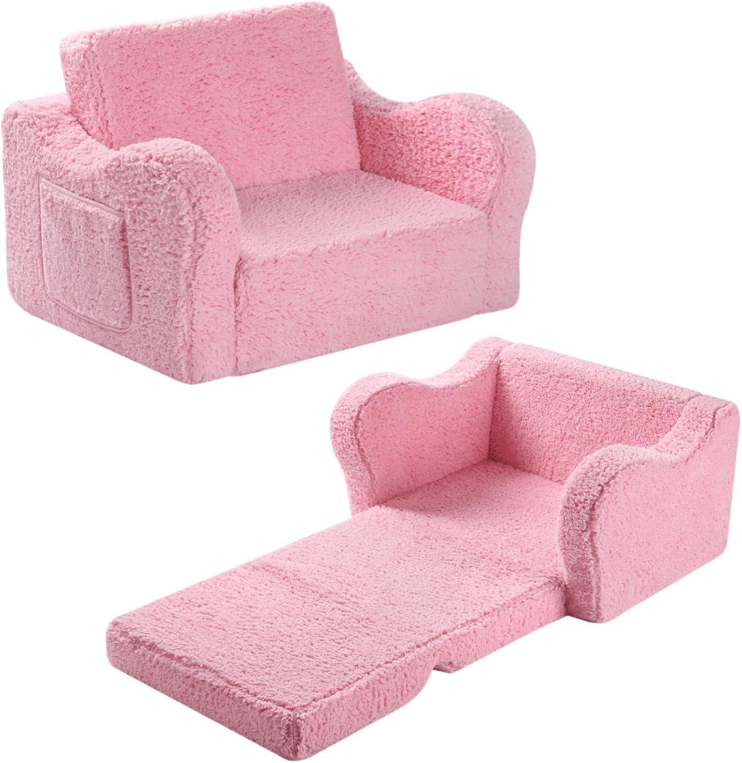 Pink Sherpa 2-in-1 Kids Folding Couch and Lounger