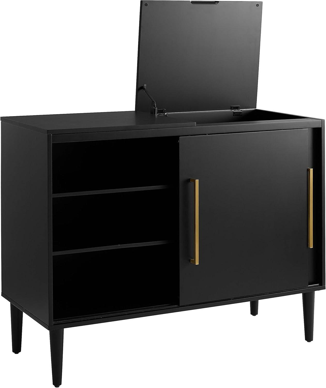 Everett Media Console Matte Black - Crosley: Hinged Lid, Hardwood, Wire Dividers