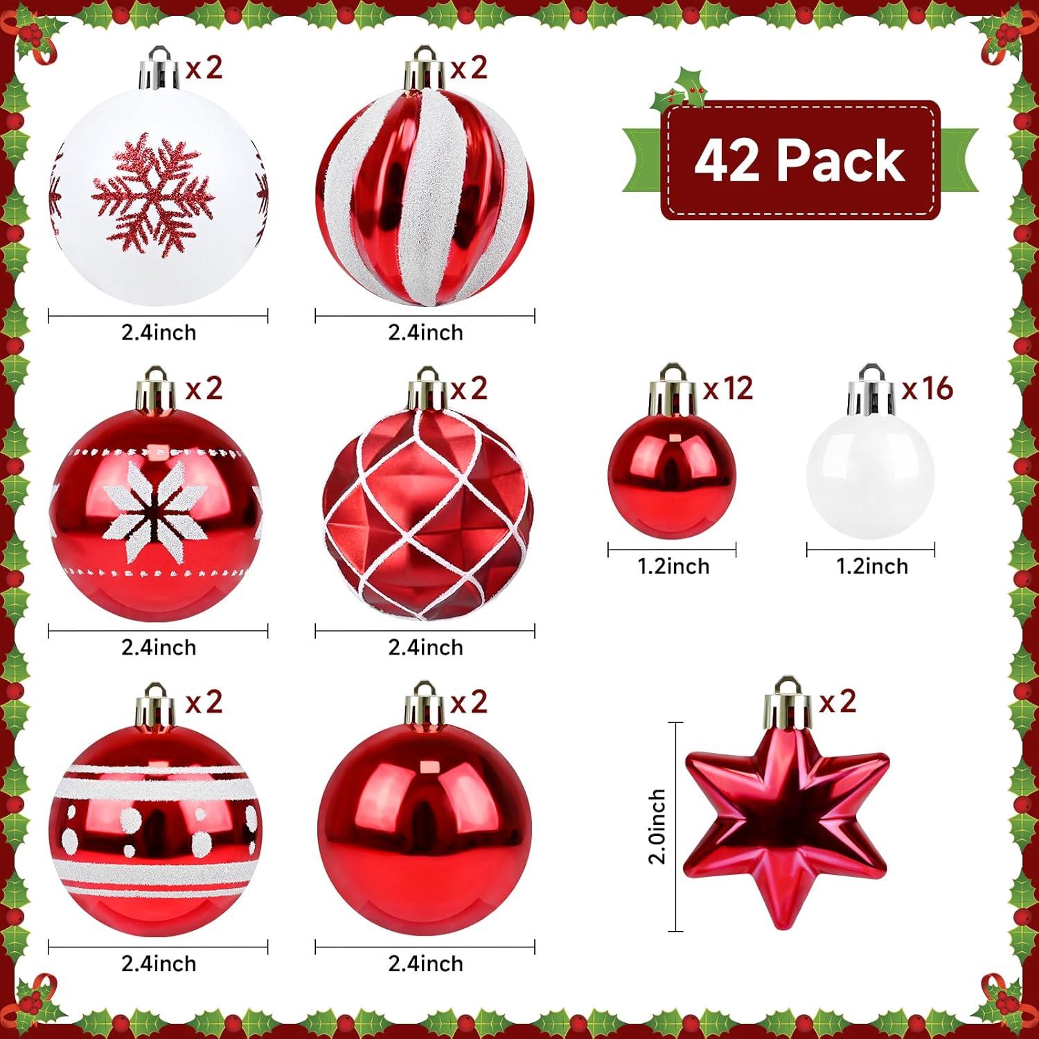 Zhourta 42Pcs White and Red Christmas Hanging Balls Christmas Proof Ball Ornaments for Party Holiday Christmas Tree Supplies Home Yard Decor