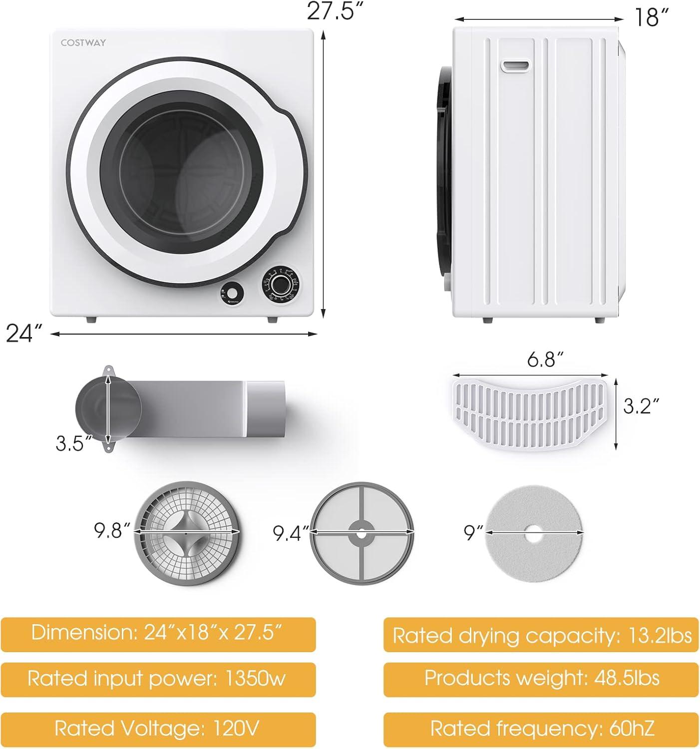 Costway 1350W Electric Compact Laundry Dryer 13.2 LBS Clothes Dryer 5 Drying Programs