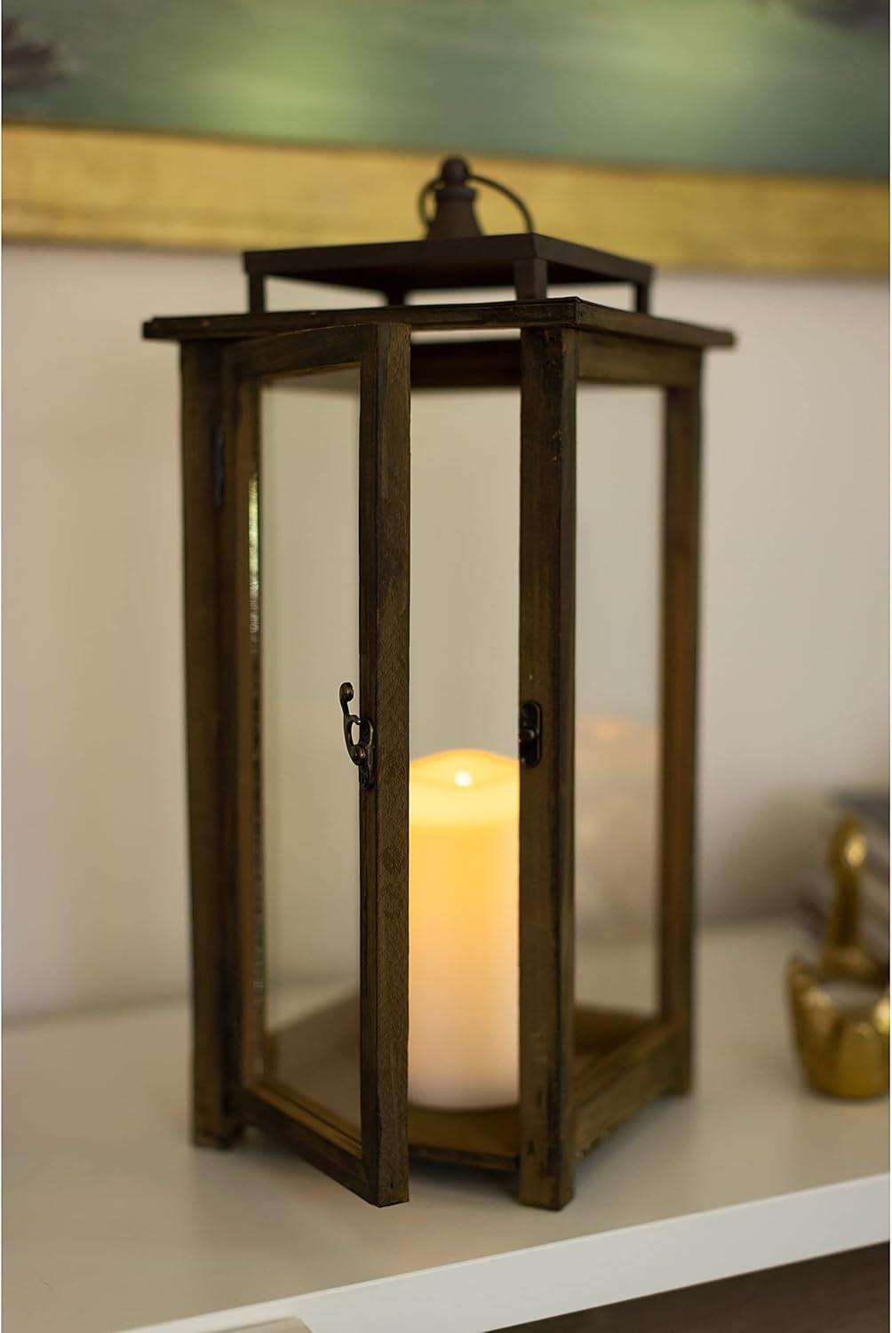 Stonebriar Decorative Rustic Wooden Candle Lantern with Handle and Hinged Door, Large, Brown