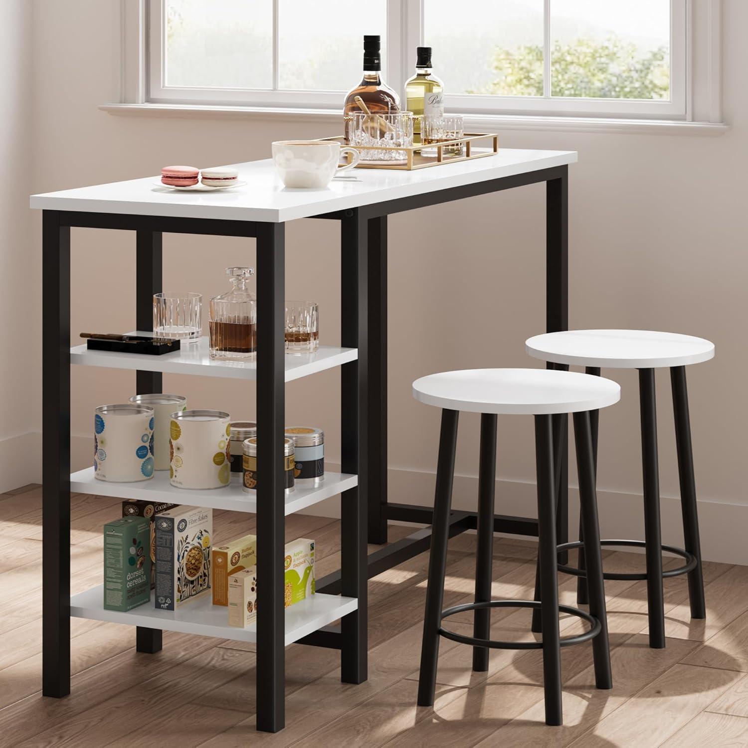 White and Black MDF and Metal Pub Table Set with Shelves