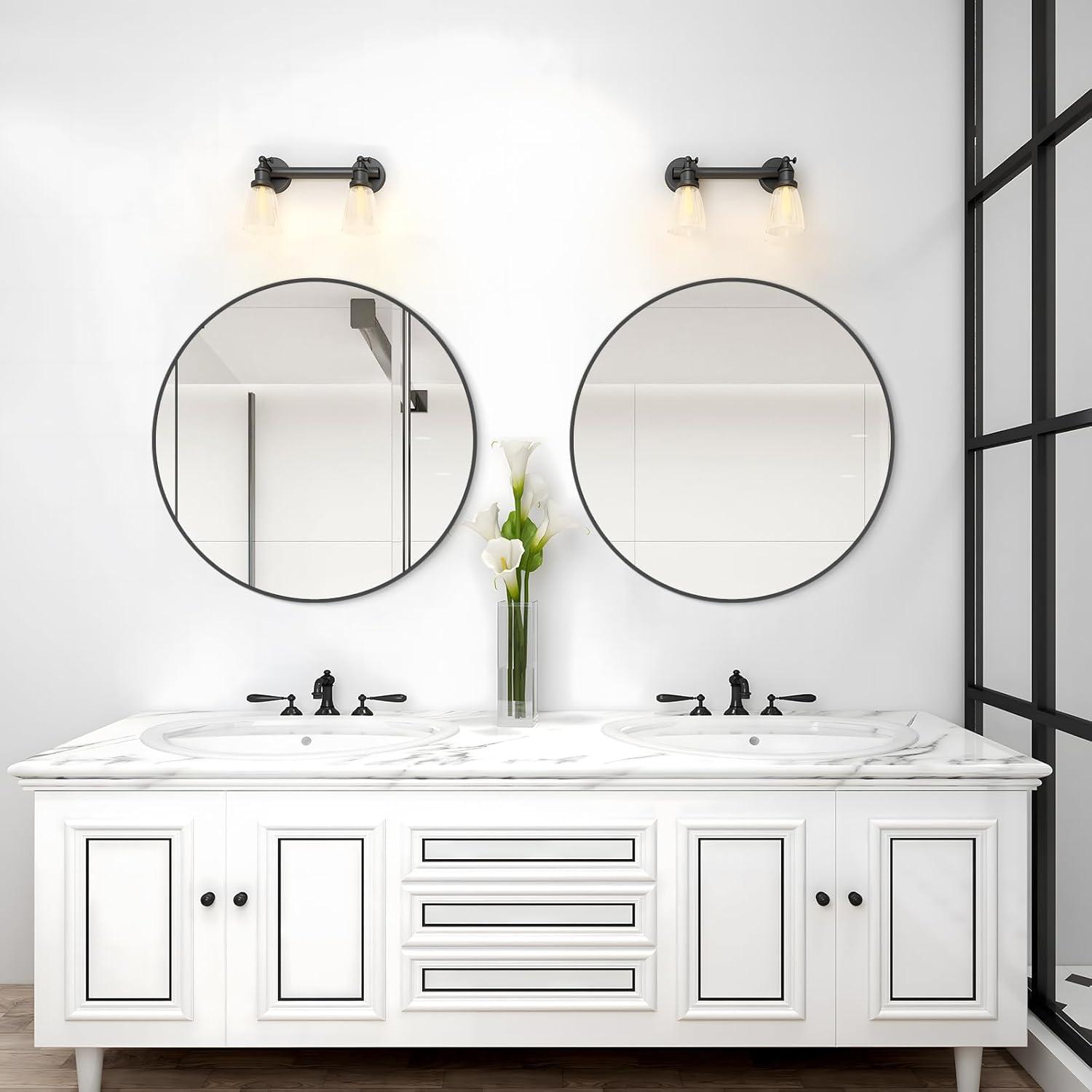 WallBeyond Classic Wooden Frame Farmhouse Round Wall Mirror Satin Black 24 inches Black