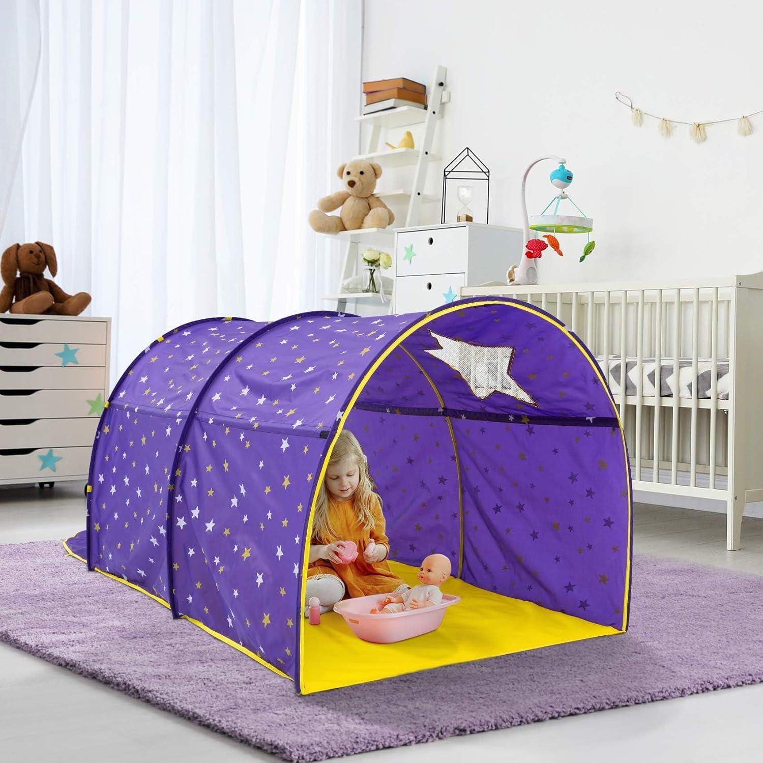 Twin Bed Canopy Kids Play Tent, Starlight Dream Tent for Kids, Twin Bed Playhouse with Glow-in-the-Dark Stars, Pop-Up Portable Privacy Space for Boys & Girls, Indoor Camping, Reading, Play, Purple