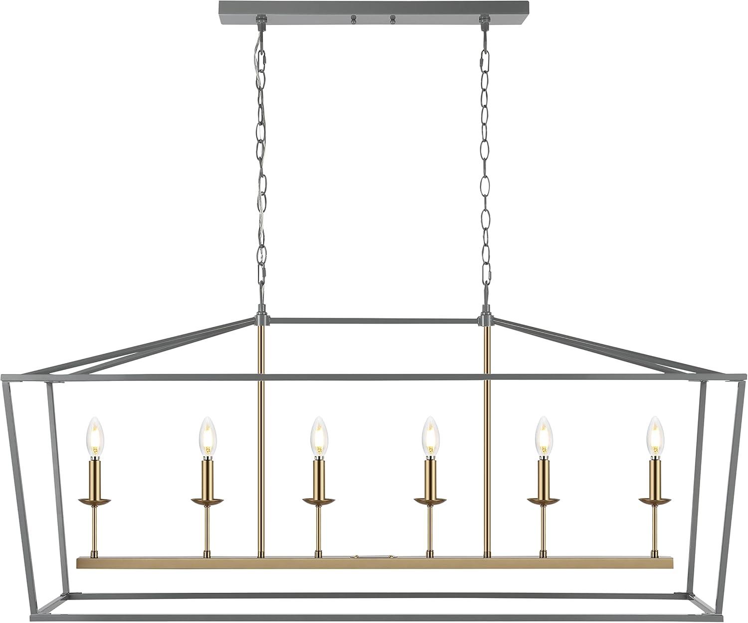Pagoda 49" Linear 6-Bulb Classic Traditional Metal LED Pendant, Gray/Brass Gold