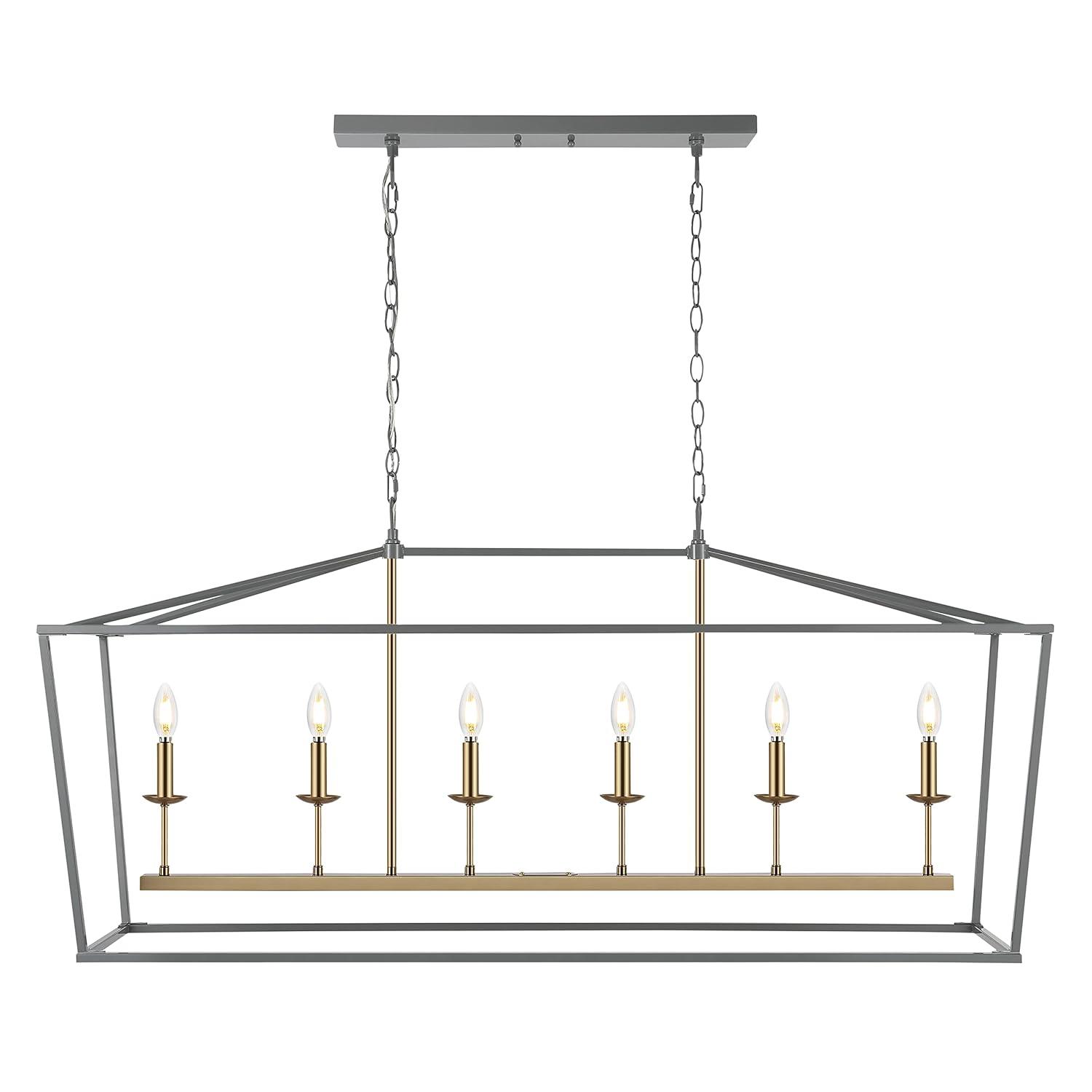 Pagoda 49" Linear 6-Bulb Classic Traditional Metal LED Pendant, Gray/Brass Gold