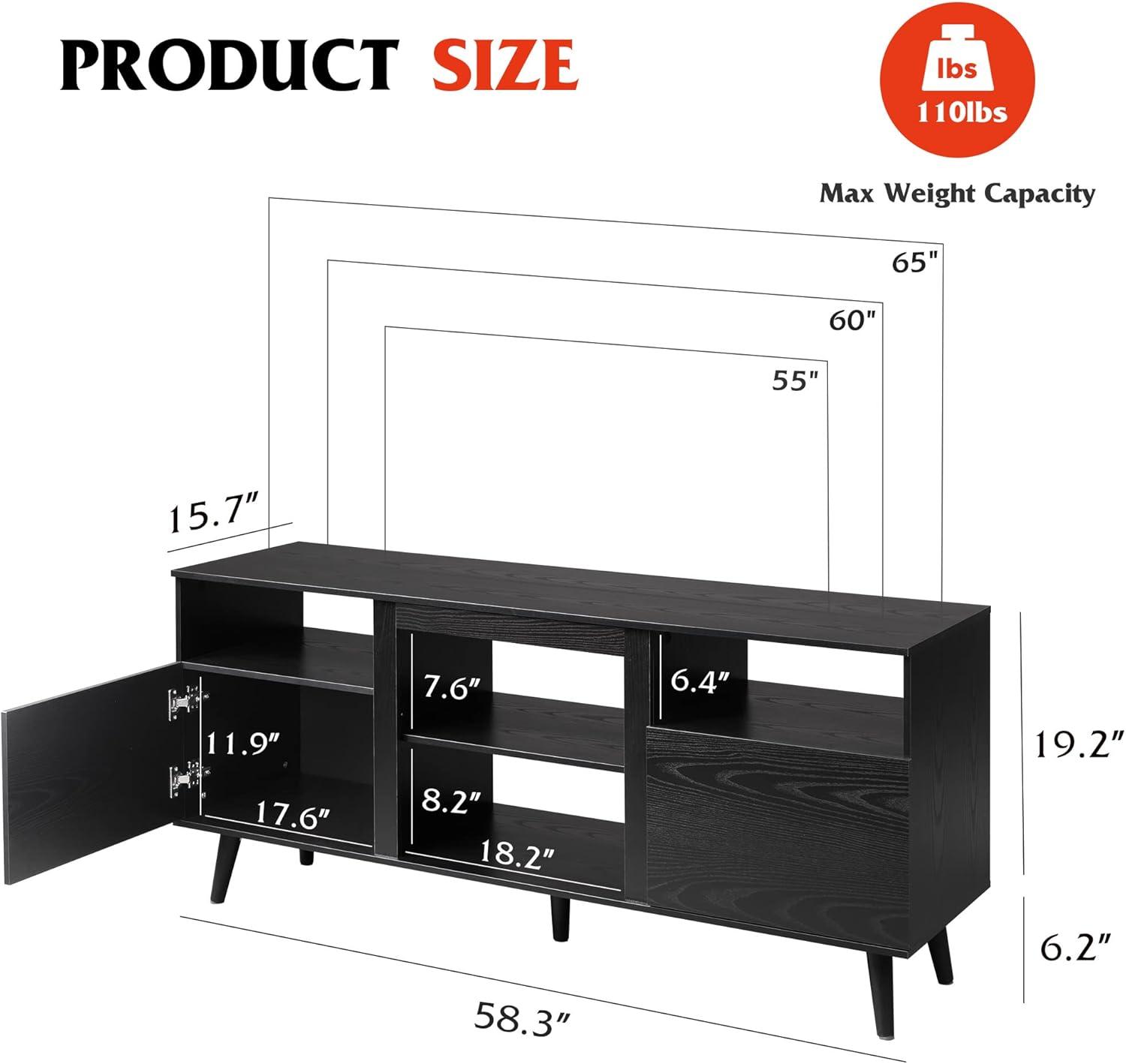 WLIVE TV Stand for 65 Inch TV, 58 inch Entertainment Center with 2 Storage Cabinets, Media Console for Living Room, Bedroom and Office, Black