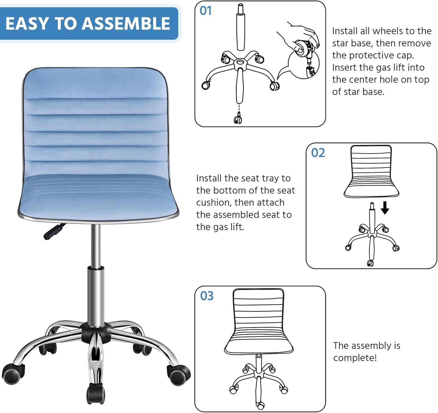 Yaheetech Velvet Low Back Armless Desk Chair Office Chair with Wheels, Blue