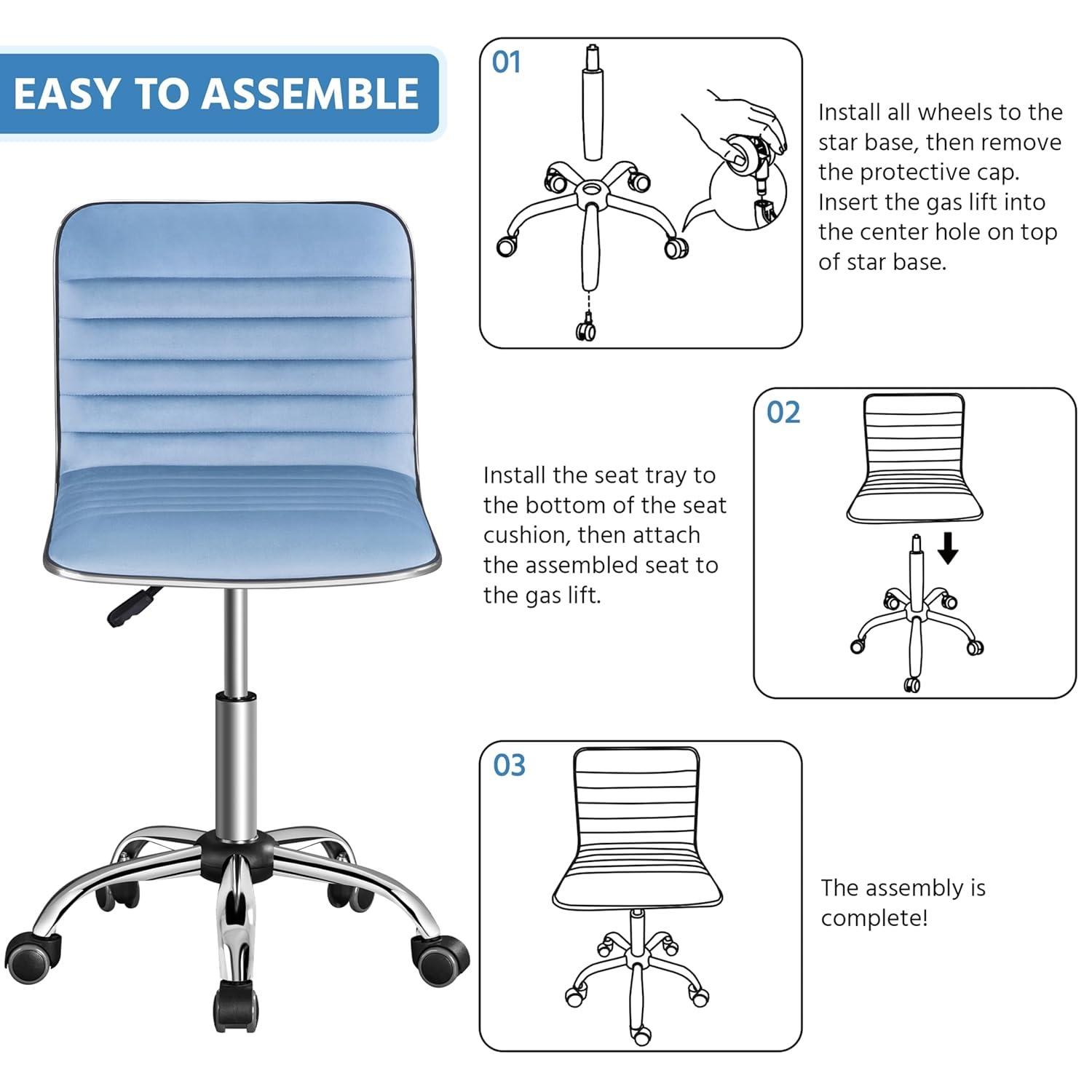 Yaheetech Velvet Low Back Armless Desk Chair Office Chair with Wheels, Blue