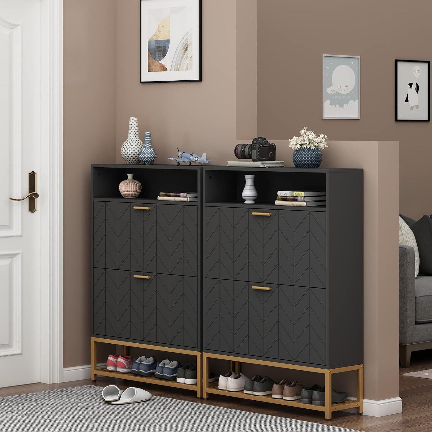 Black Wood 2-Drawer Freestanding Shoe Cabinet with Gold Handles