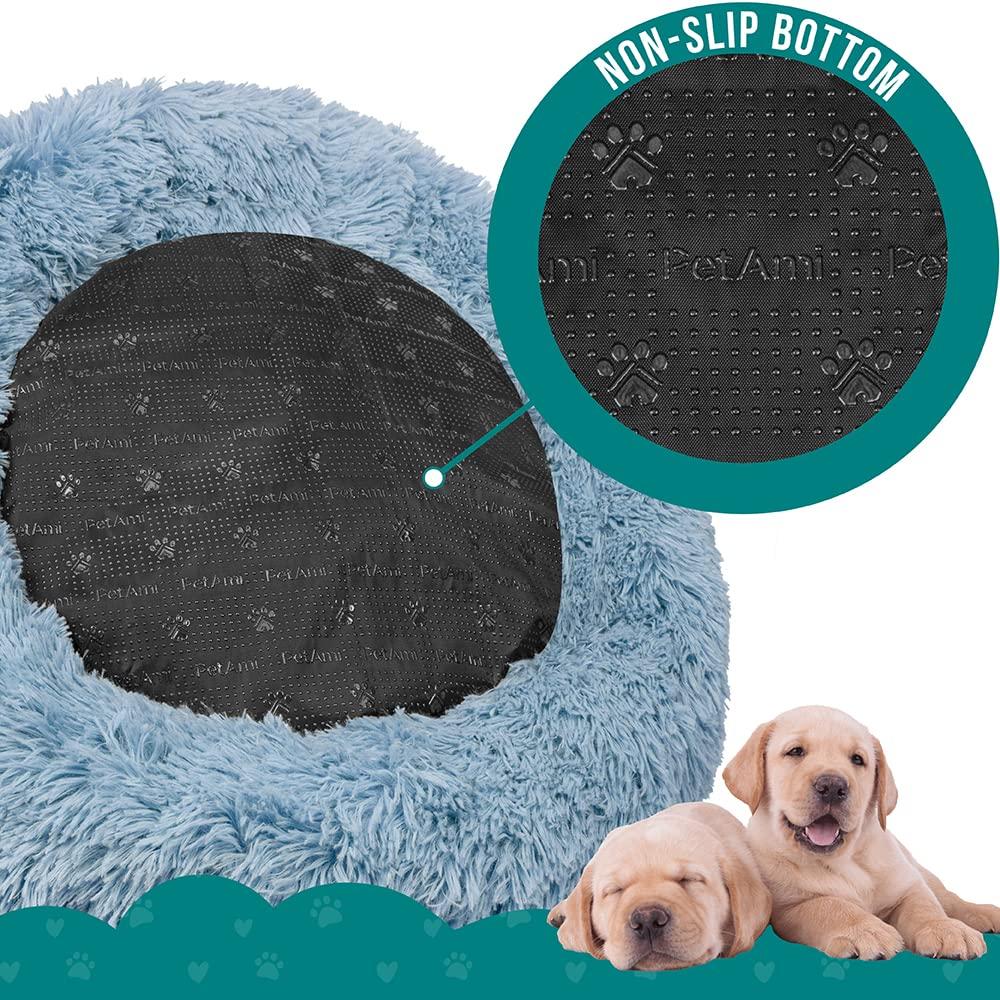 PetAmi Calming Dog Bed for Puppy Cat Kitten, Round Washable Pet Bed, Anti Anxiety Cuddler, Fluffy Plush Circular Donut Bed (Dusty Blue, Small - 23")