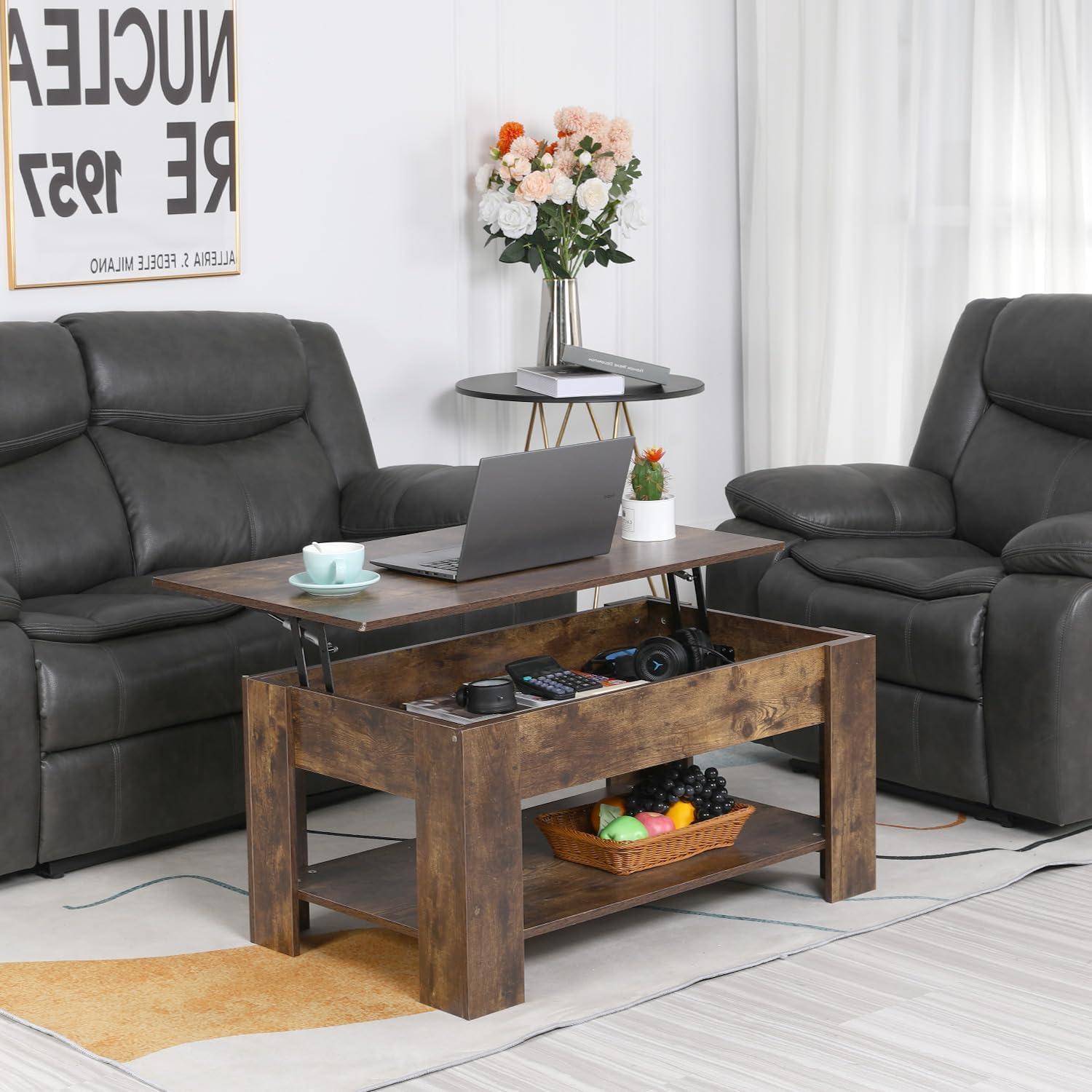 Brown Lift-Top Coffee Table with Storage Shelf