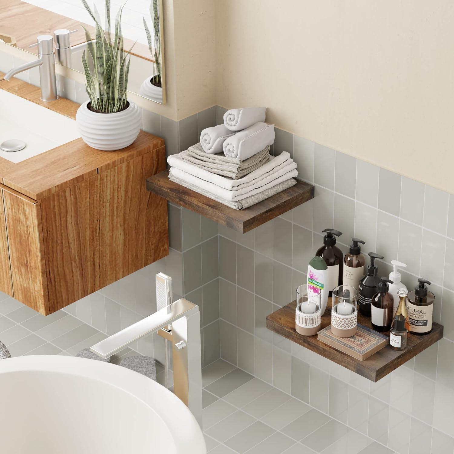 Rustic Brown 12 Inch Deep Floating Shelves for Wall - Set of 2, Wood Shelving Live Edge Shelves Display for Storage, Bathroom & Living Room, Bedroom, Kitchen, Office