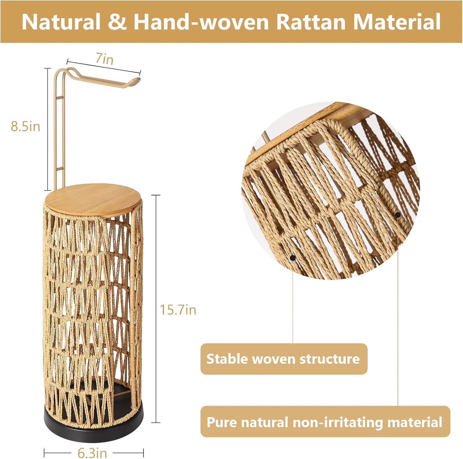 Freestanding Toilet Paper Holder With Storage,3 Rolls Of Tissue Holder For Bathroom,Handmade Woven Toilet Paper Roll Holder Stand,Rattan Sturdy Boho Bathroom Decor Farmhouse Toilet Paper Storage