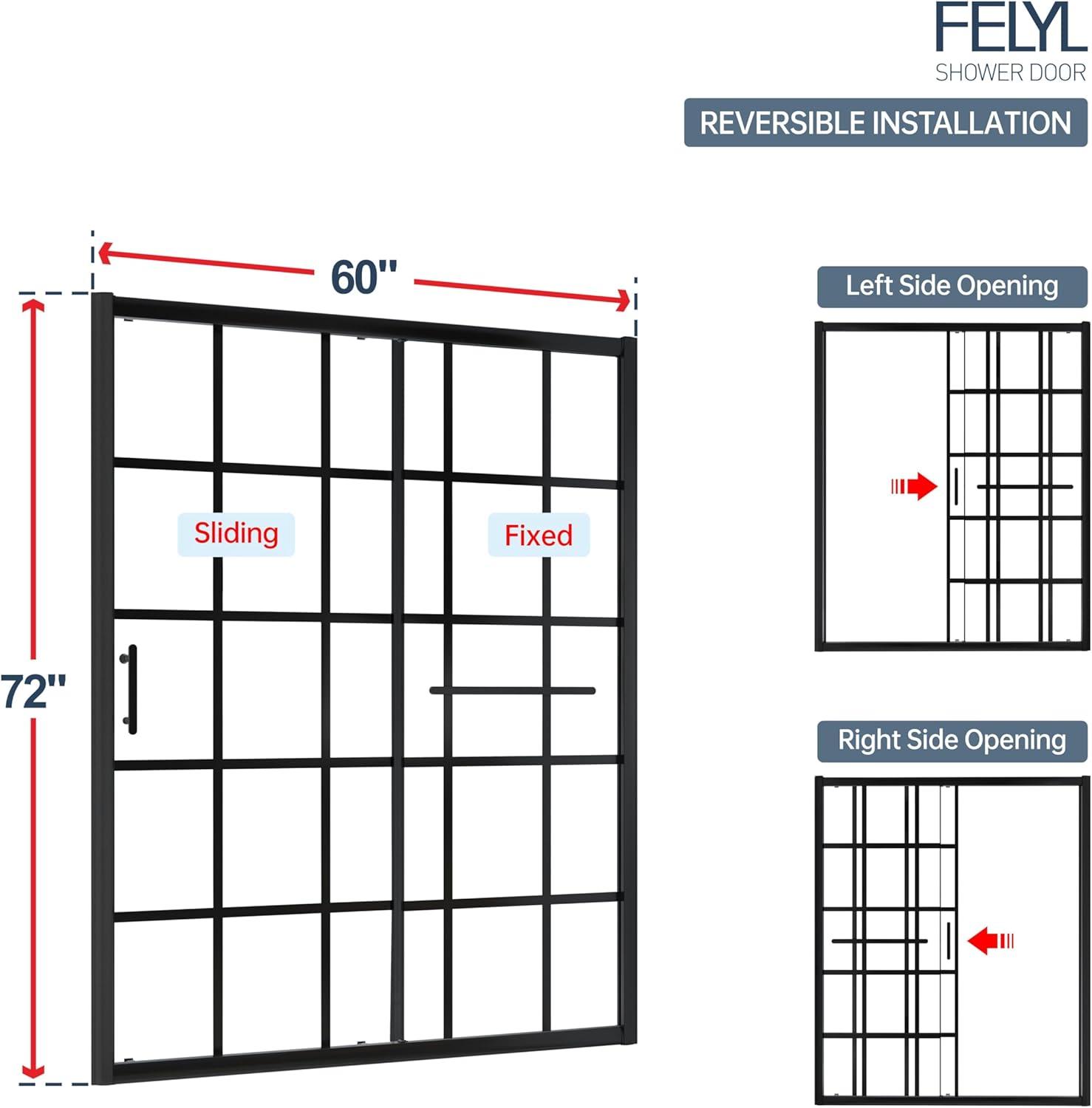 56-60" W x 72" H Framed Grid Pattern Single Sliding Shower Door with 1/4" (6mm) Clear SGCC Tempered Glass in Matte Black Finish, Reversible Installation