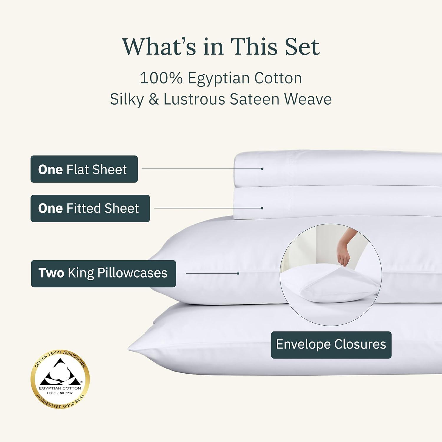 California Design Den Certified 100% Egyptian Cotton California King Sheets, Cotton Bed Sheets, 4 Piece Bedding Sheets & Pillowcases Set, White