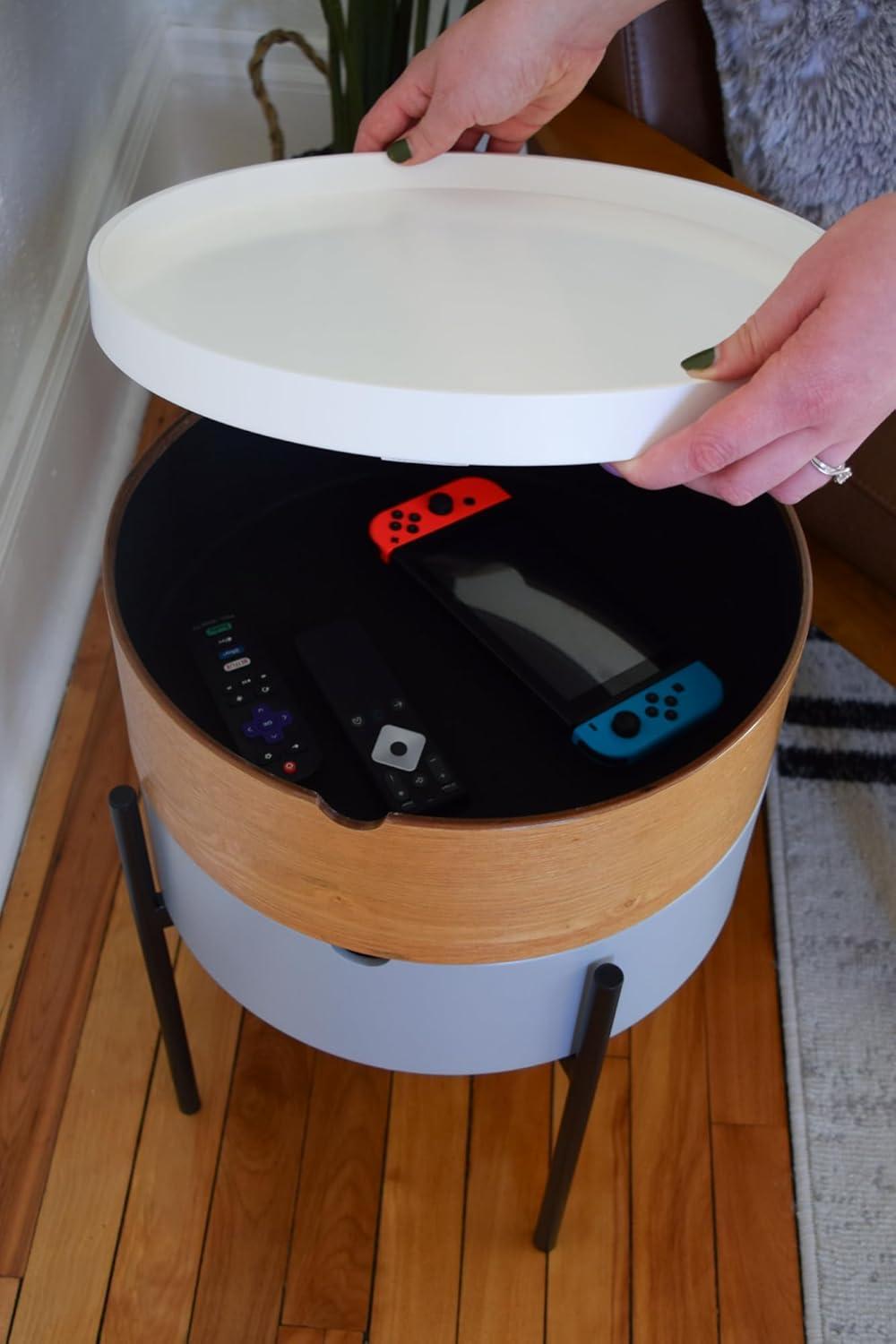 Round White and Wood End Table with Black Metal Legs