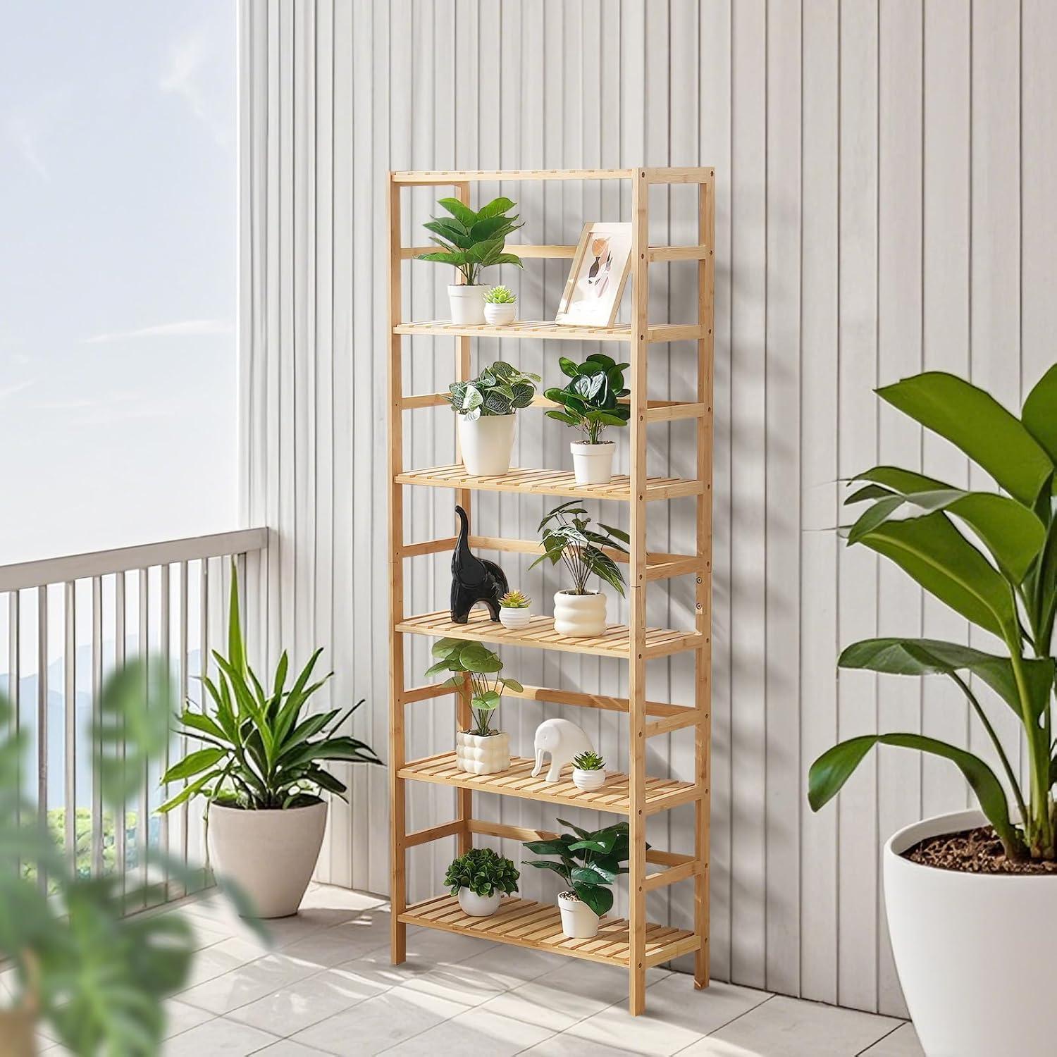 Bamboo Bookshelf 6 Tiers Bamboo Ladder Bookcase Rectangle Storage Rack