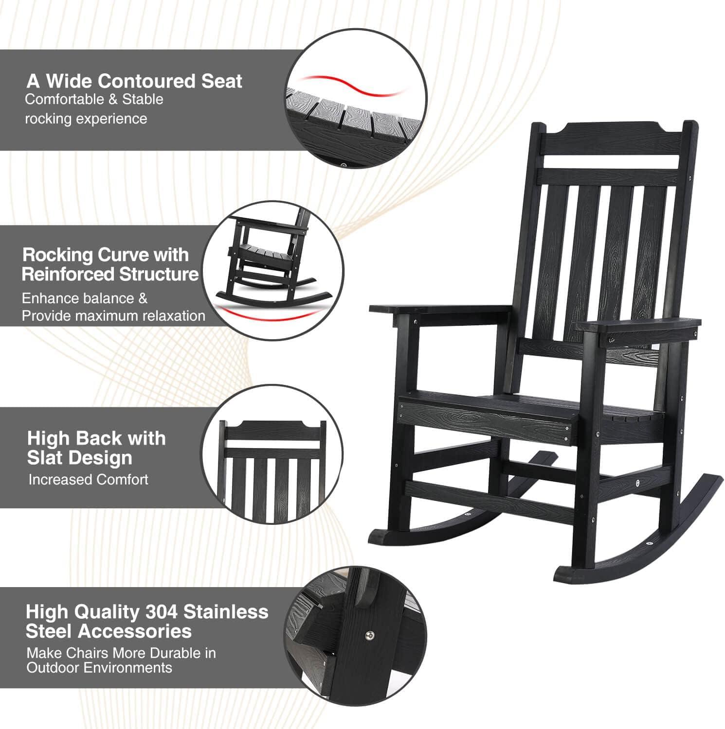 All-Weather Patio Rocking Chair with 400 lbs Weight Capacity, Oversized Porch Rocker Chair, for Backyard, , Lawn, Garden, Outdoor and Indoor, Black