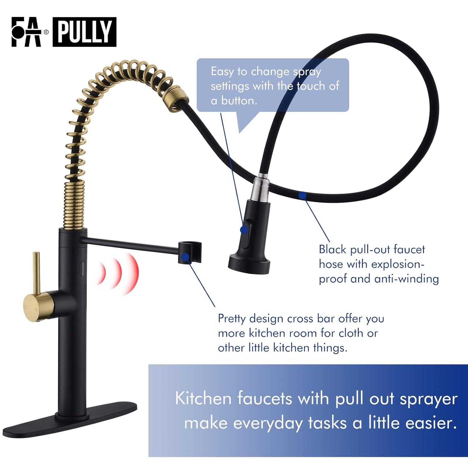 Fapully Touchless Kitchen Faucet with Pull Down Sprayer, Brushed Gold Motion Sensor Smart Commercial Single Handle Single Hole Faucet for Kitchen Sink