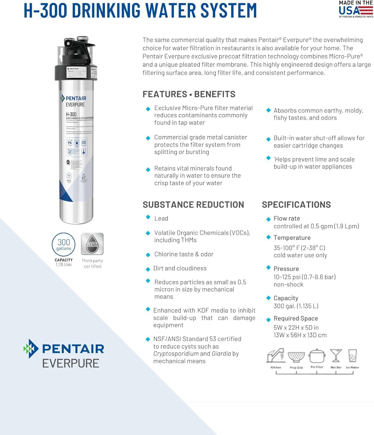Pentair Everpure H-300 Stainless Steel Under Sink Water Filtration System