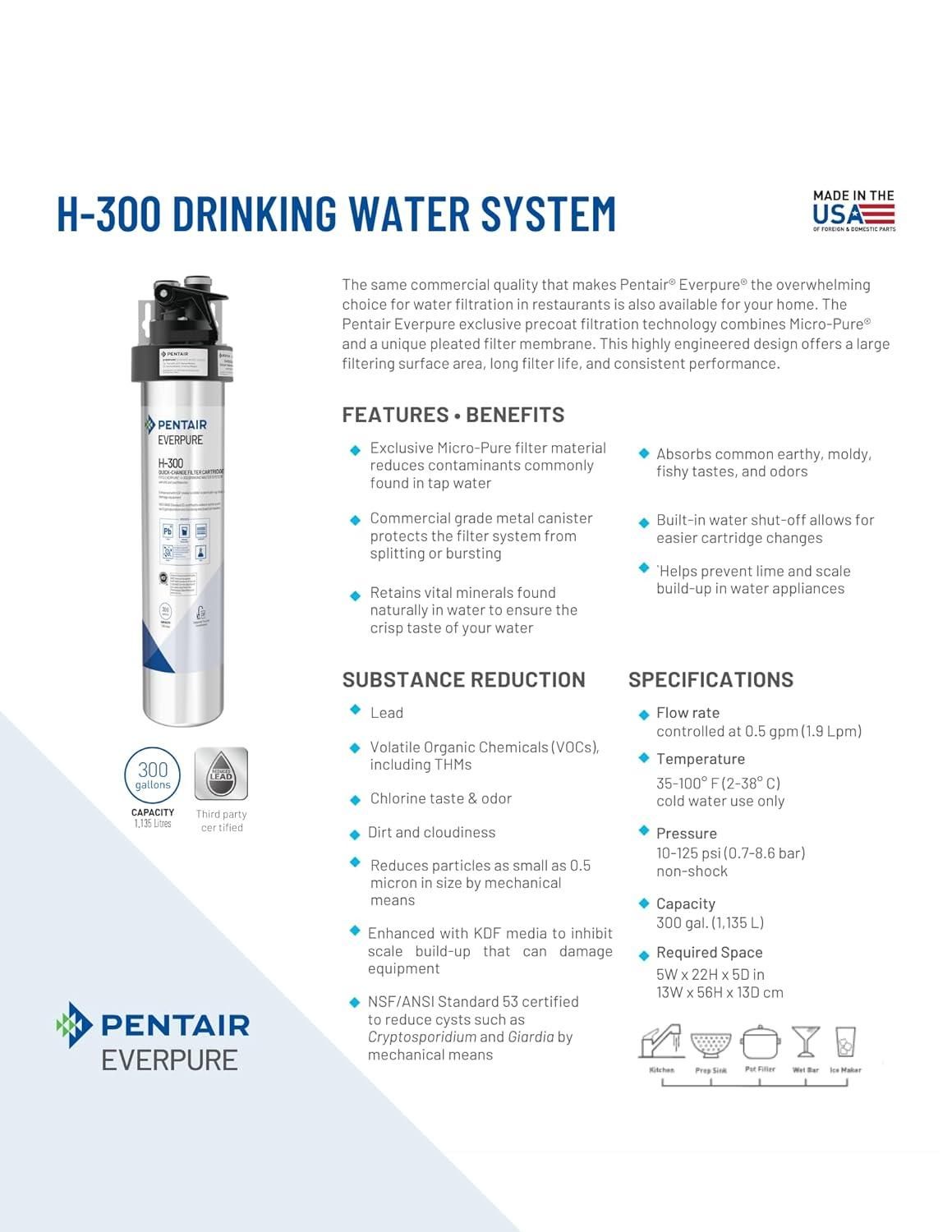Pentair Everpure H-300 Stainless Steel Under Sink Water Filtration System