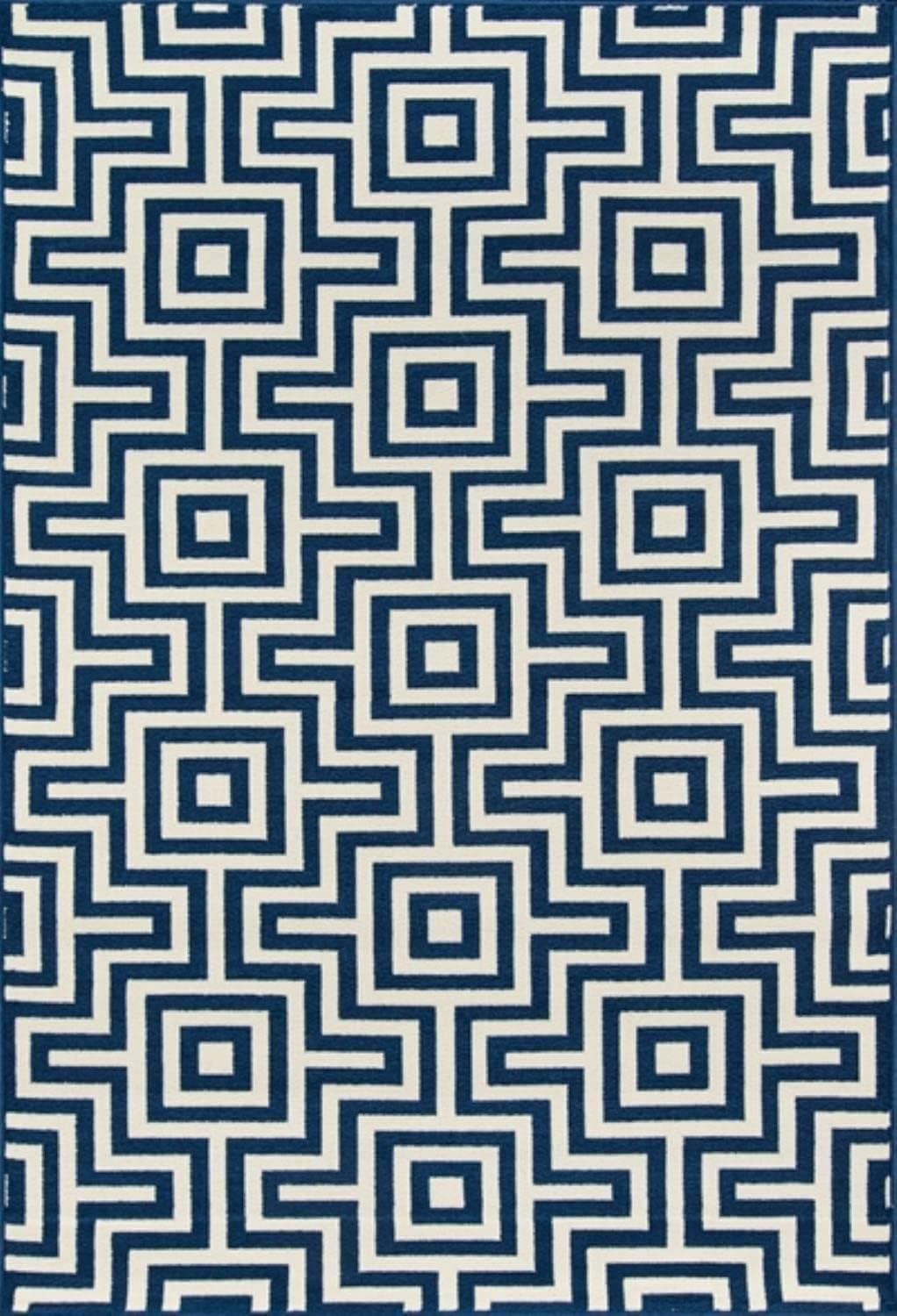 Navy and White Geometric Synthetic Indoor/Outdoor Rug