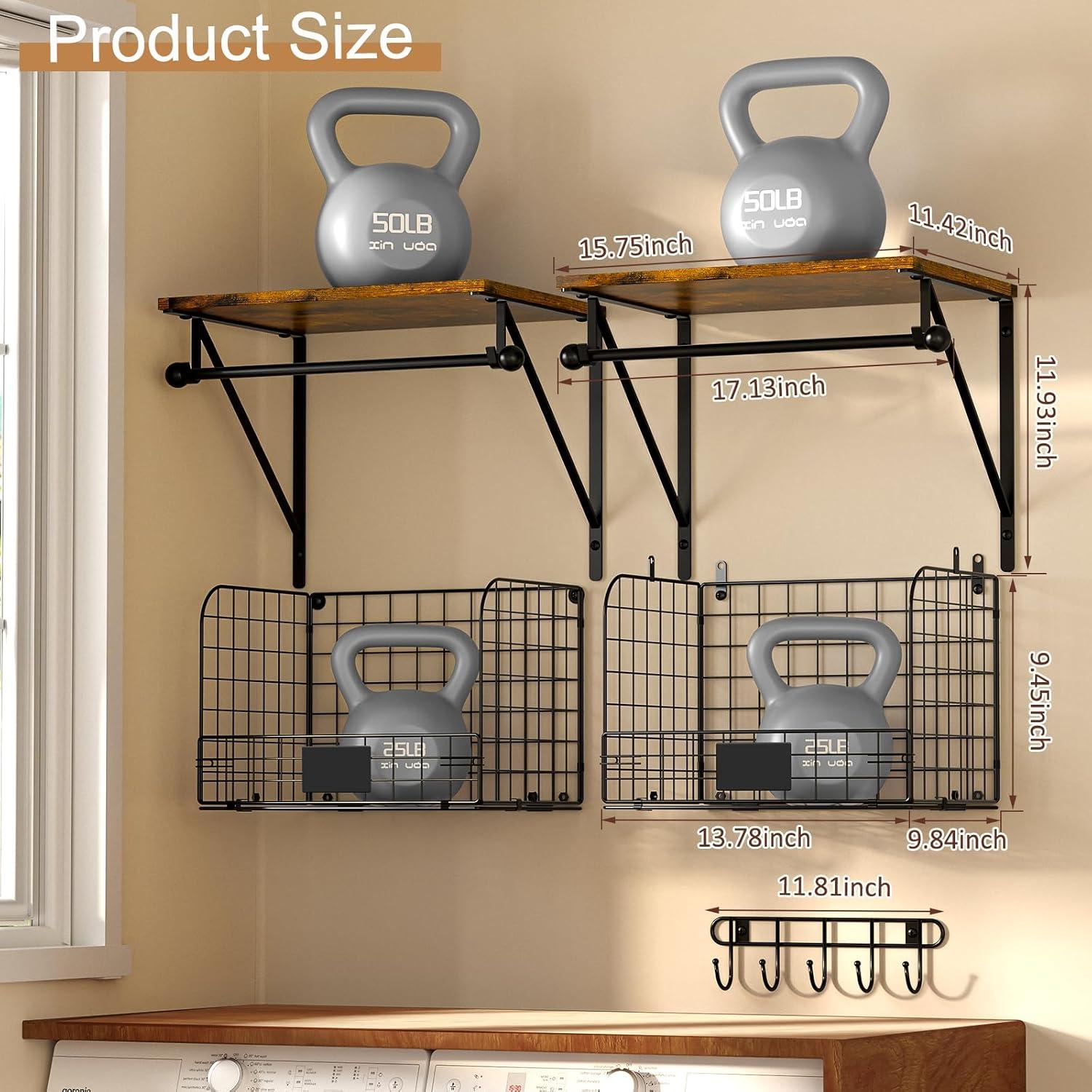 Black Wood and Metal Wall-Mounted Laundry Shelves with Wire Baskets