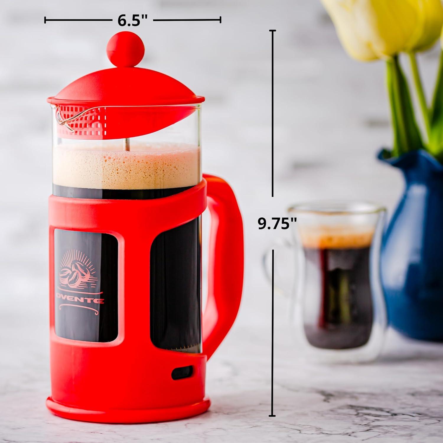 Ovente FPT34R OVENTE French Press Coffee Maker, Heat Resistant Borosilicate Glass with 4 Filter Stainless-Steel System, BPA-Free Portable Pitcher Perfect for Hot & Cold Brew