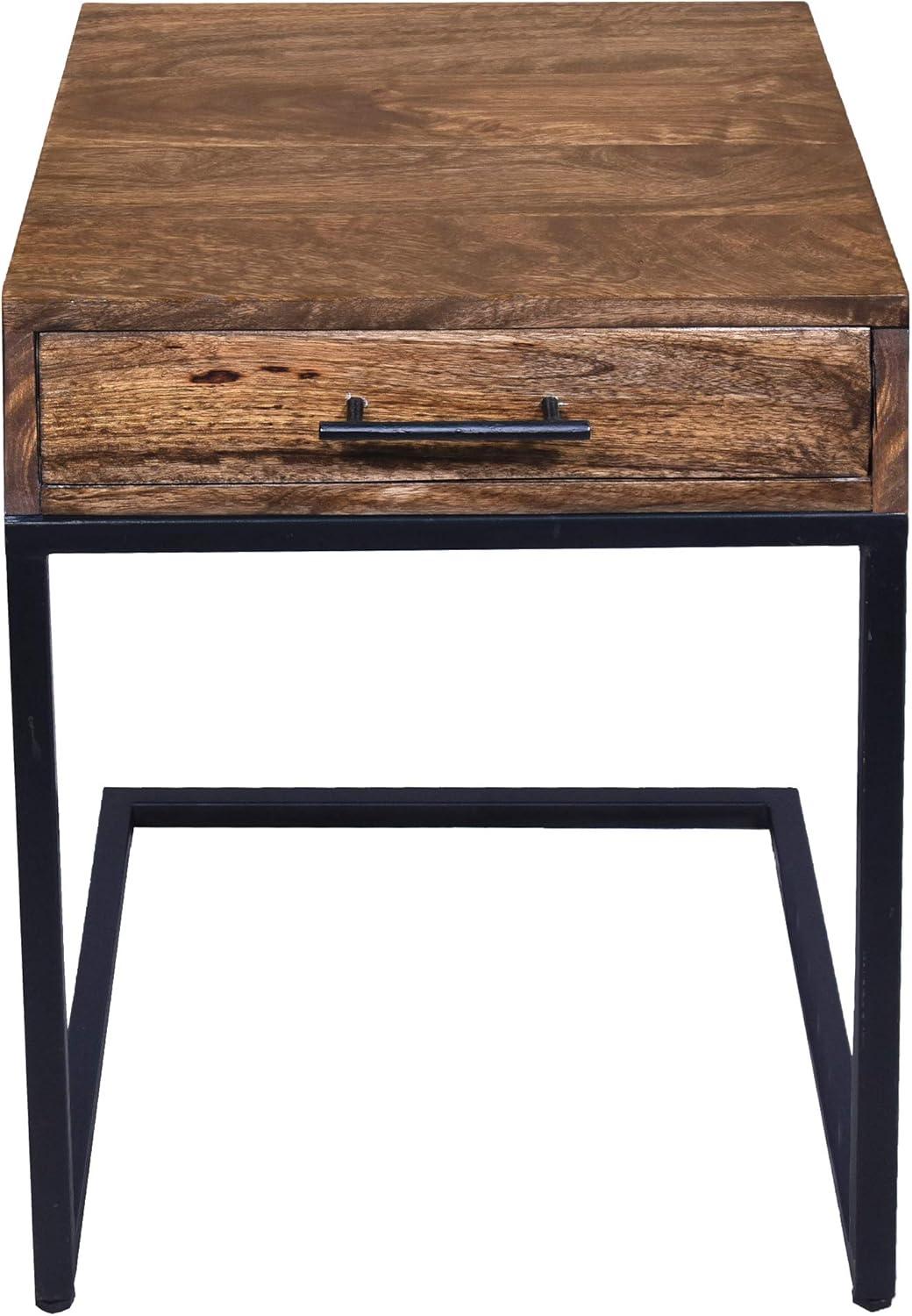 Brown Mango Wood Side Table with Black Iron Base and Drawer