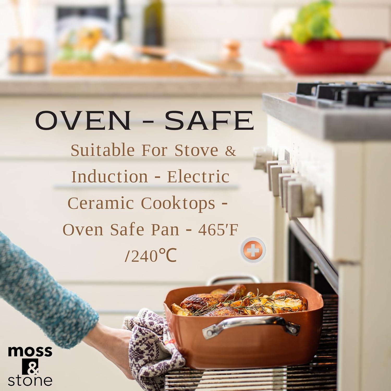 Moss & Stone Copper 6 Piece Set Chef Cookware, Non Stick Pan, Deep Square Pan, Fry Basket, Steamer Tray, Dishwasher & Oven Safe, 5 Quart Copper Pot Set, 9.5" Copper Induction Cookware Set