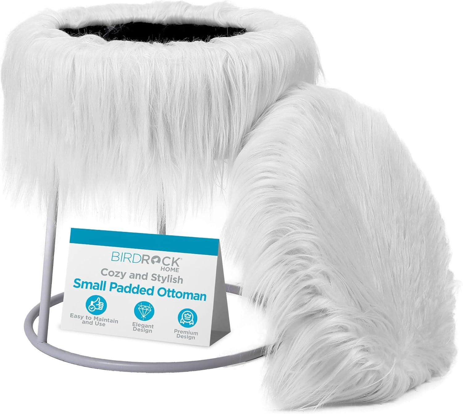 BirdRock Home Round White Faux Fur Foot Stool Storage Ottoman with Silver Legs