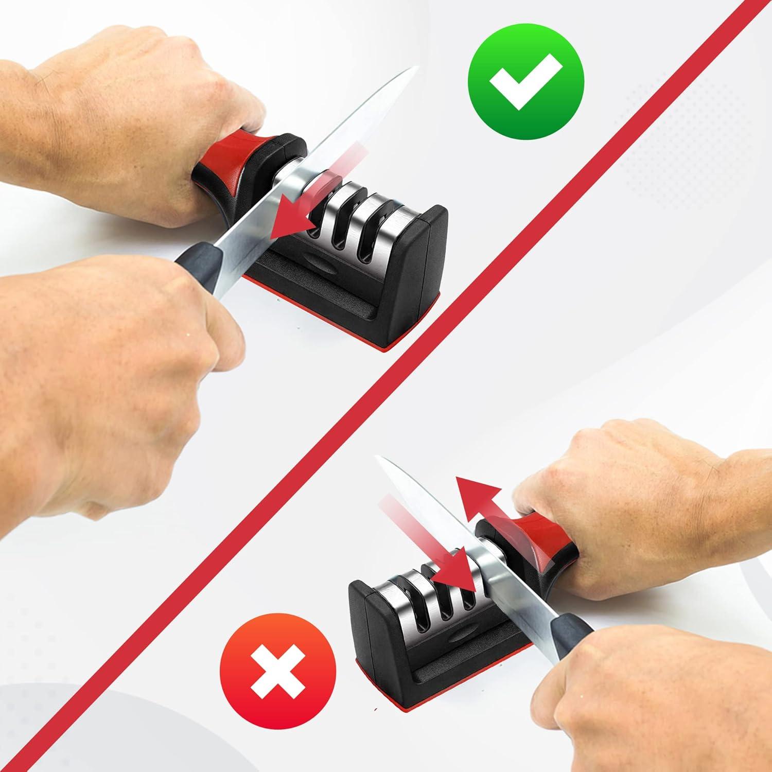 Knife Sharpeners for Kitchen Knives, Stainless Steel 4 in1 Kitchen Knife Sharpener, Ergonomic and Easy to Use Knife Sharpening Kit with 4 Stage Sharpening Slots