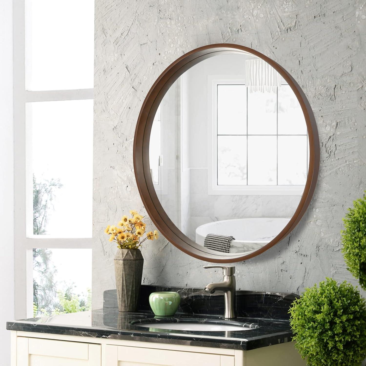 Magnifique Round Mirror for Bathroom with Wood Frame 28", Walnut