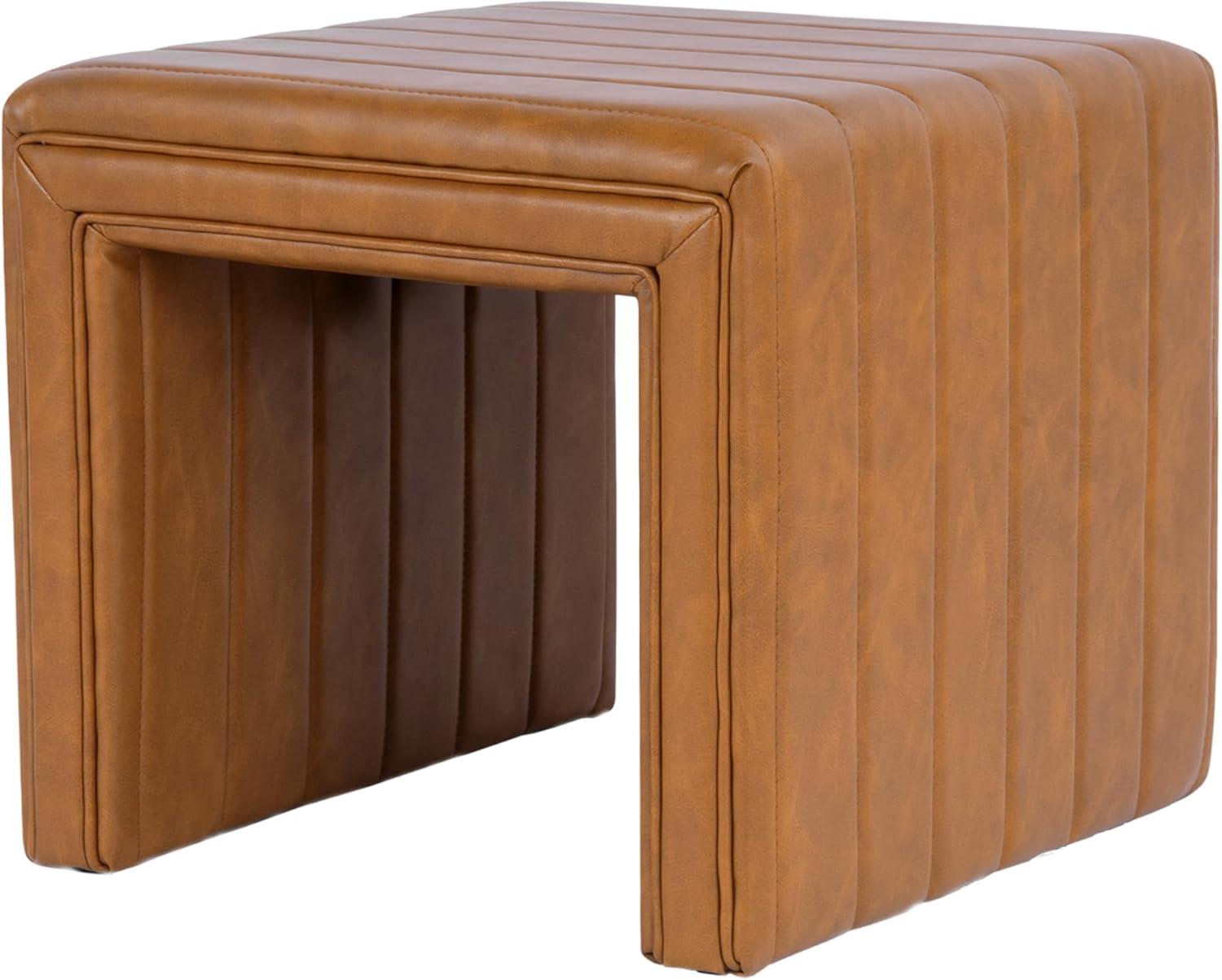 Modern Channel Ottoman Caramel Faux Leather - HomePop: Upholstered Rectangle, No Assembly Required