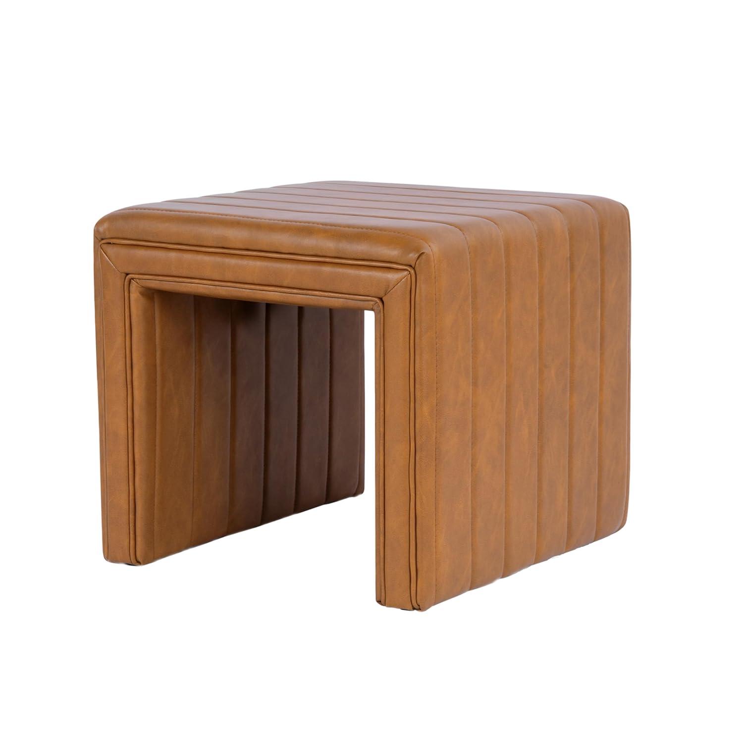 Modern Channel Ottoman Caramel Faux Leather - HomePop: Upholstered Rectangle, No Assembly Required