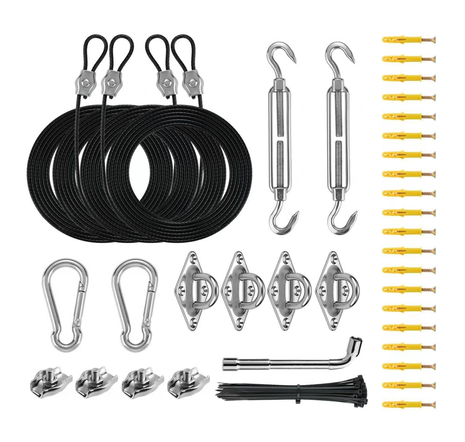 Sun Shade Sail Hardware Kit with 4pcs 10ft Length Extension Nylon Wire Rope,Shade Sails Installation Kits for Triangle Rectangle Shade Canopy,Shades Awning Kit is 304 Stainless Steel,Garden Outdoors
