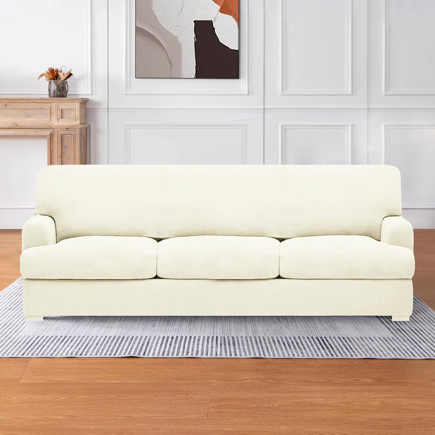 Ivory Stretchable T Cushion Sofa Slipcover Set