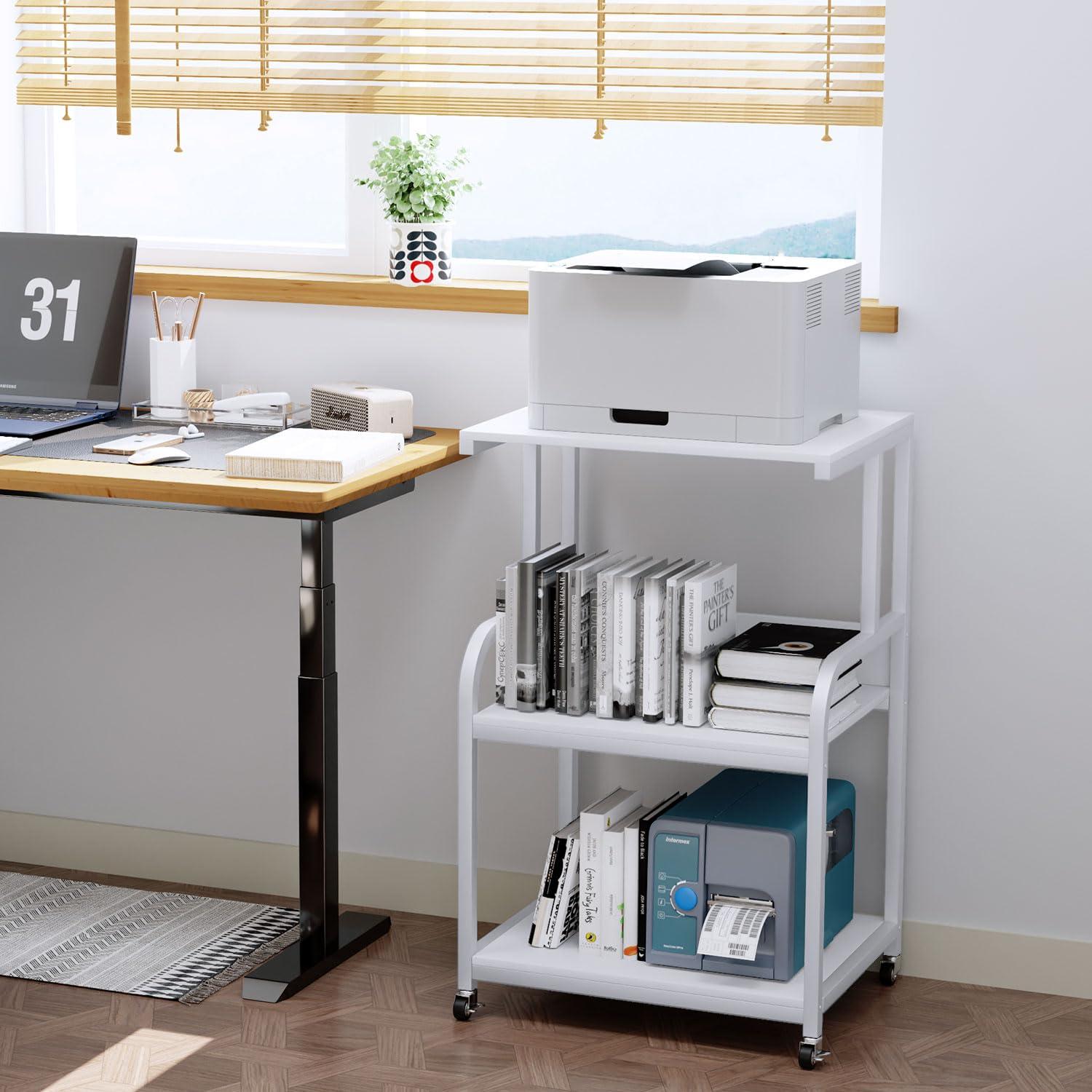 EasyCom Printer Stand- Large 3 Tier Printer Table with Wheels- Industrial Printer Storage Cart- Rolling Printer Cart with Storage Shelf for Printer Scanner Fax Home Office Use- White