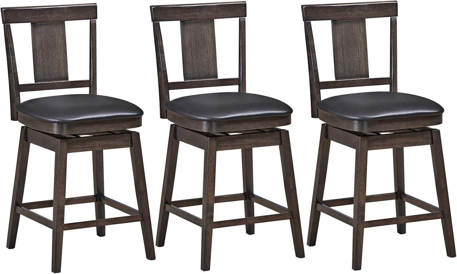 Set of 3 Swivel Bar Stool 24 inch Upholstered Seat Bar Chair Counter Kitchen Pub