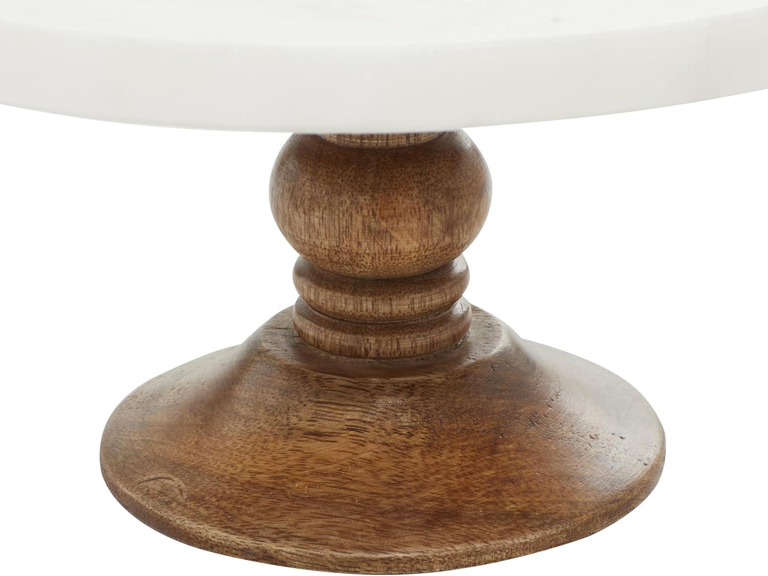 DecMode Modern Round Marble Cake Stand with Carved Wood Base and White Top Finish, 10"W x 5"H