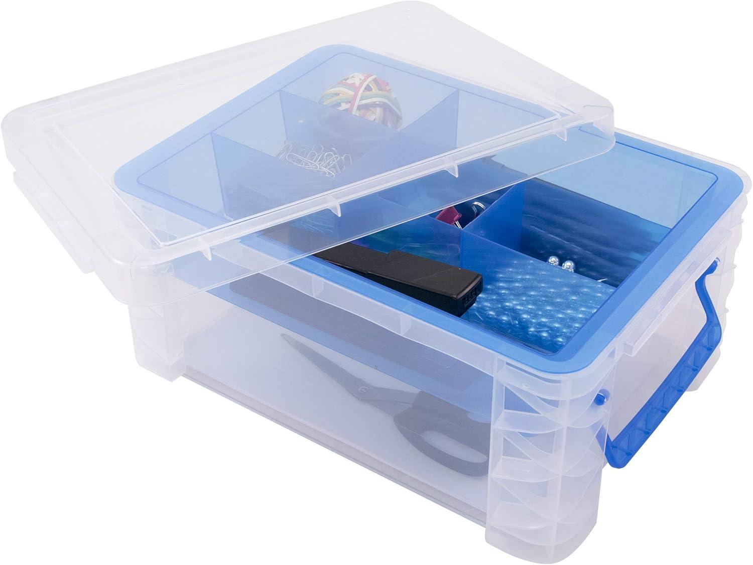 Advantus Super Stacker Divided Storage Box Clear w/Blue Tray/Handles 10.3 x 14.25x 6.5 37371