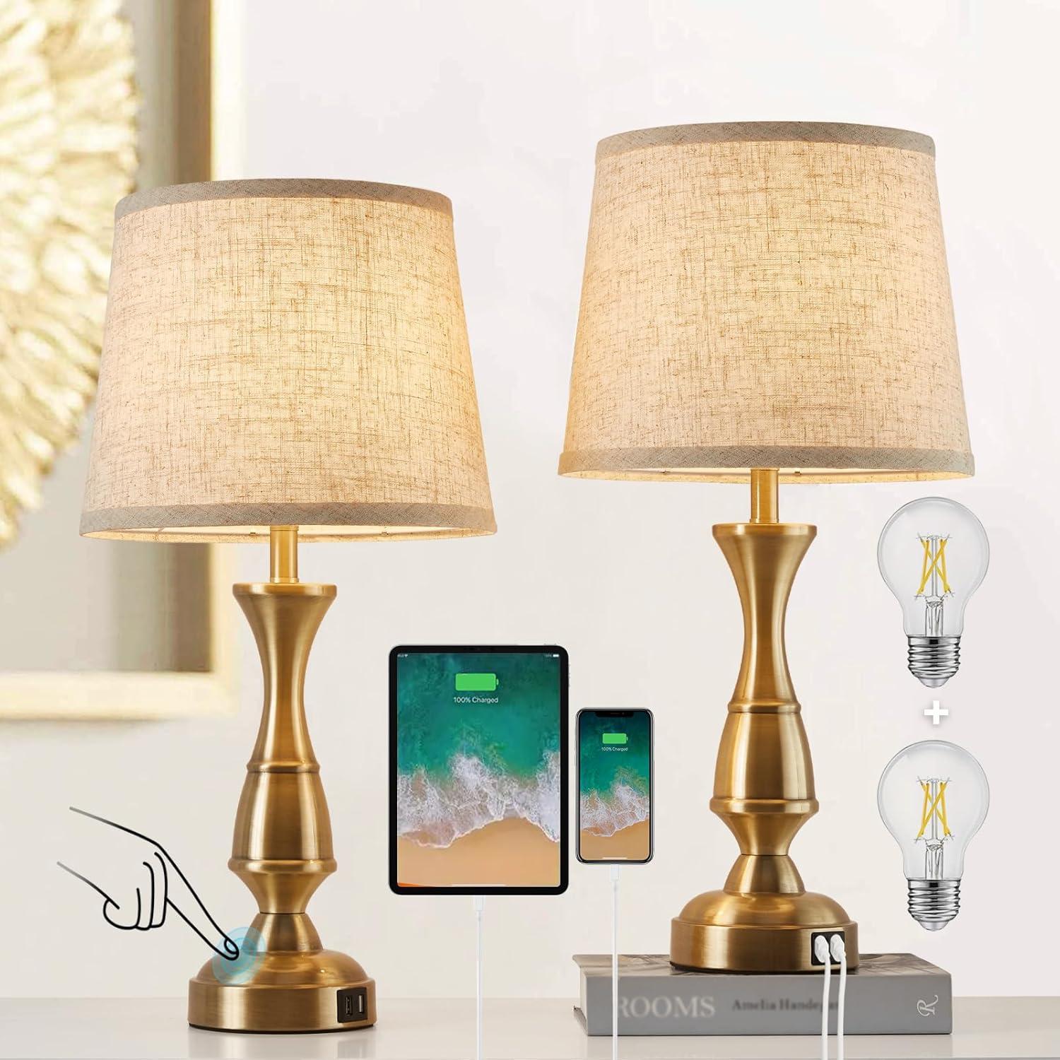 GyroVu Vintage Bedside Lamp Set of 2,Farmhouse Table Lamp Touch Control 3-Way Dimmable End Table Lamp with 2 USB Port, Desk Lamp Modern Nightstand Lamp for Living Room Bedroom Hotel Office