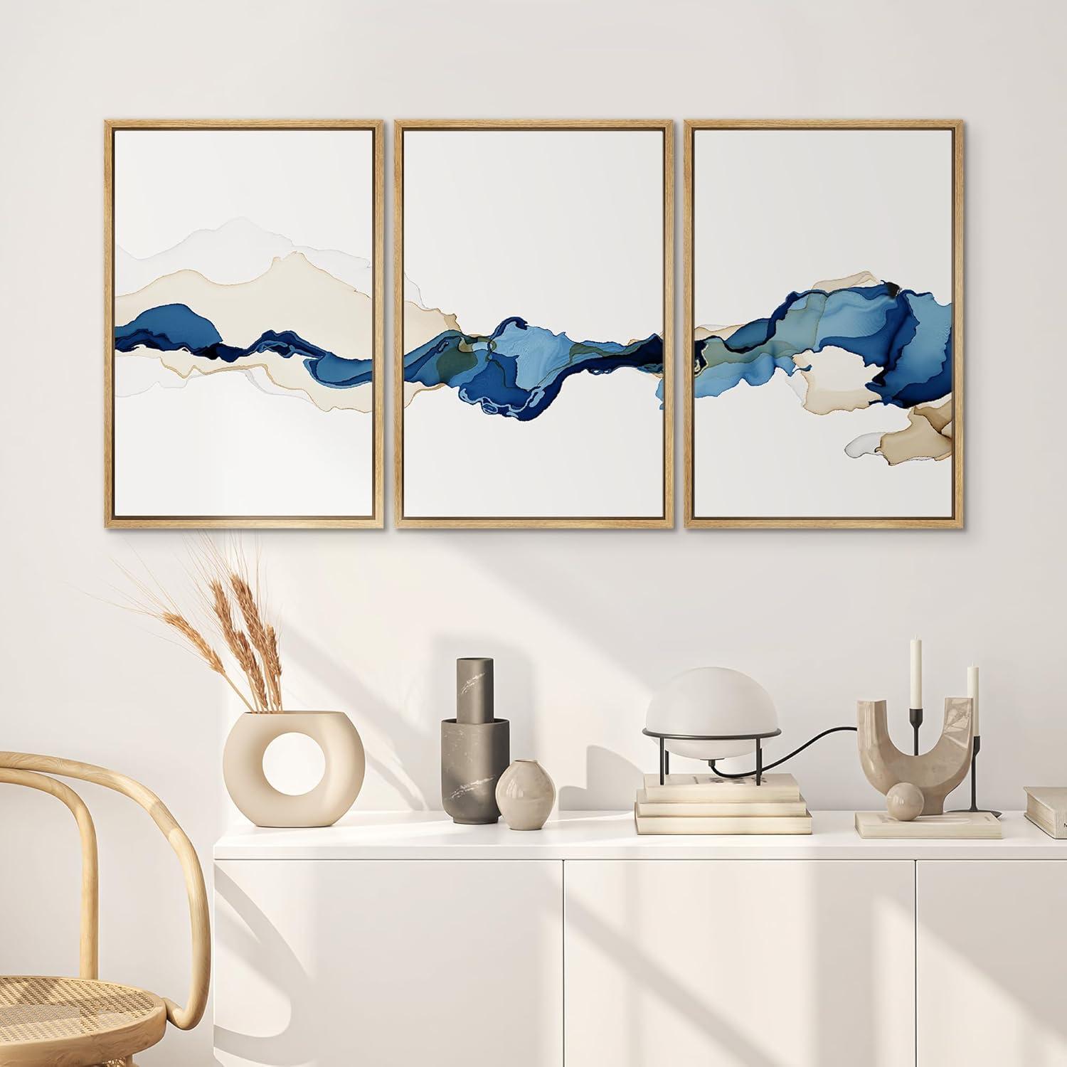 Blue and Brown Abstract Watercolor Canvas Triptych