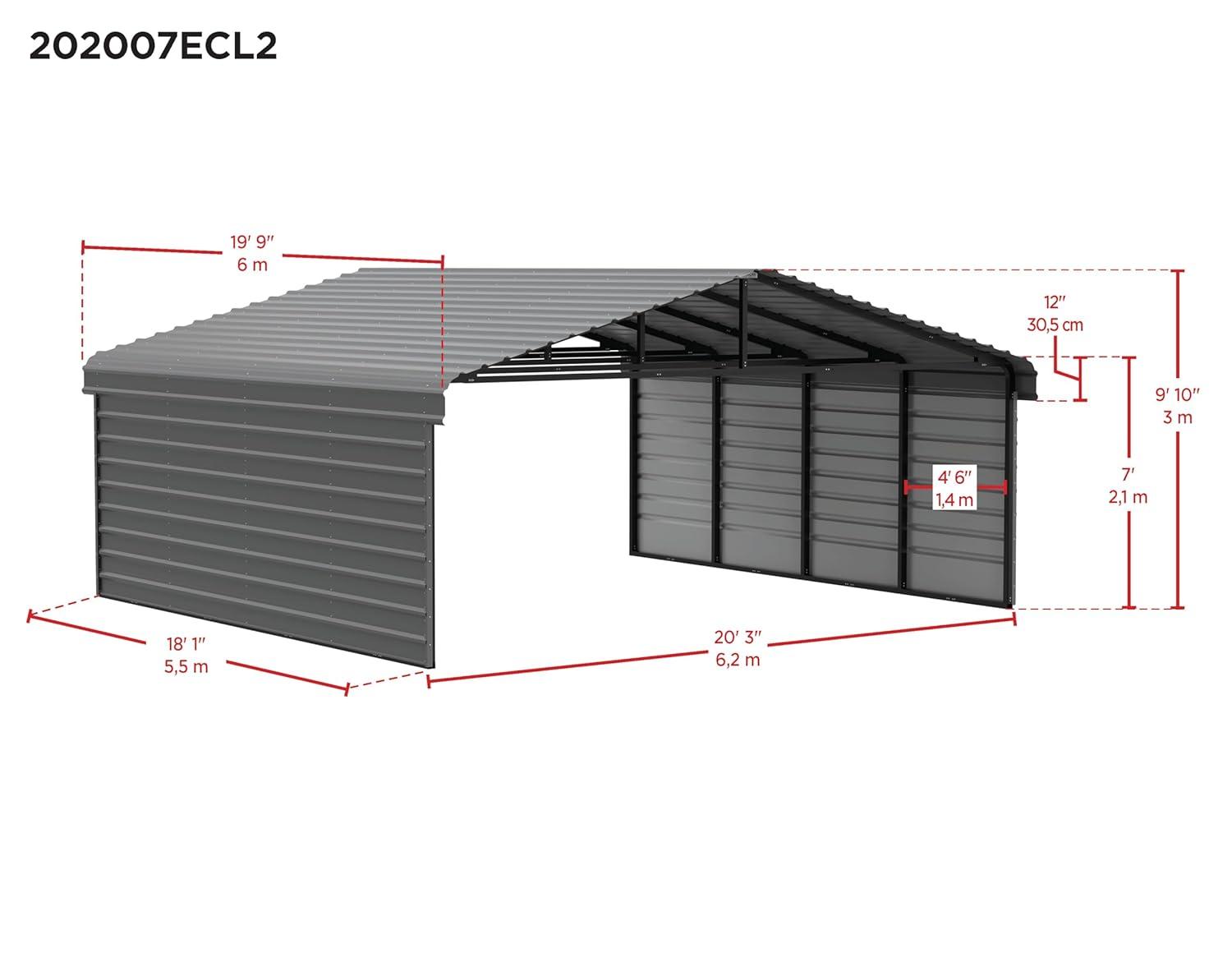 Arrow 20 x 20 ft Charcoal Carport with 2-sided Enclosure