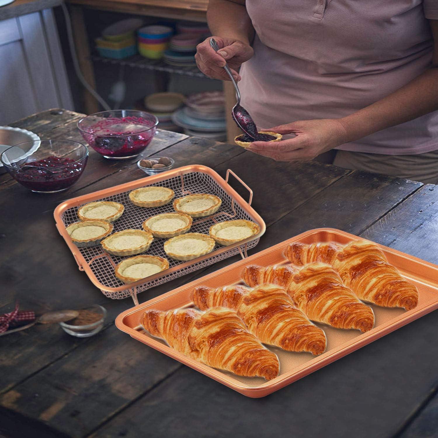 iMounTEK Crisper Tray Set - Non-Stick, Sturdy Iron Construction, Multi-Purpose Cooking - Oven & Dishwasher Safe - Includes Cookie Sheet Tray and Grill Basket - Copper Color