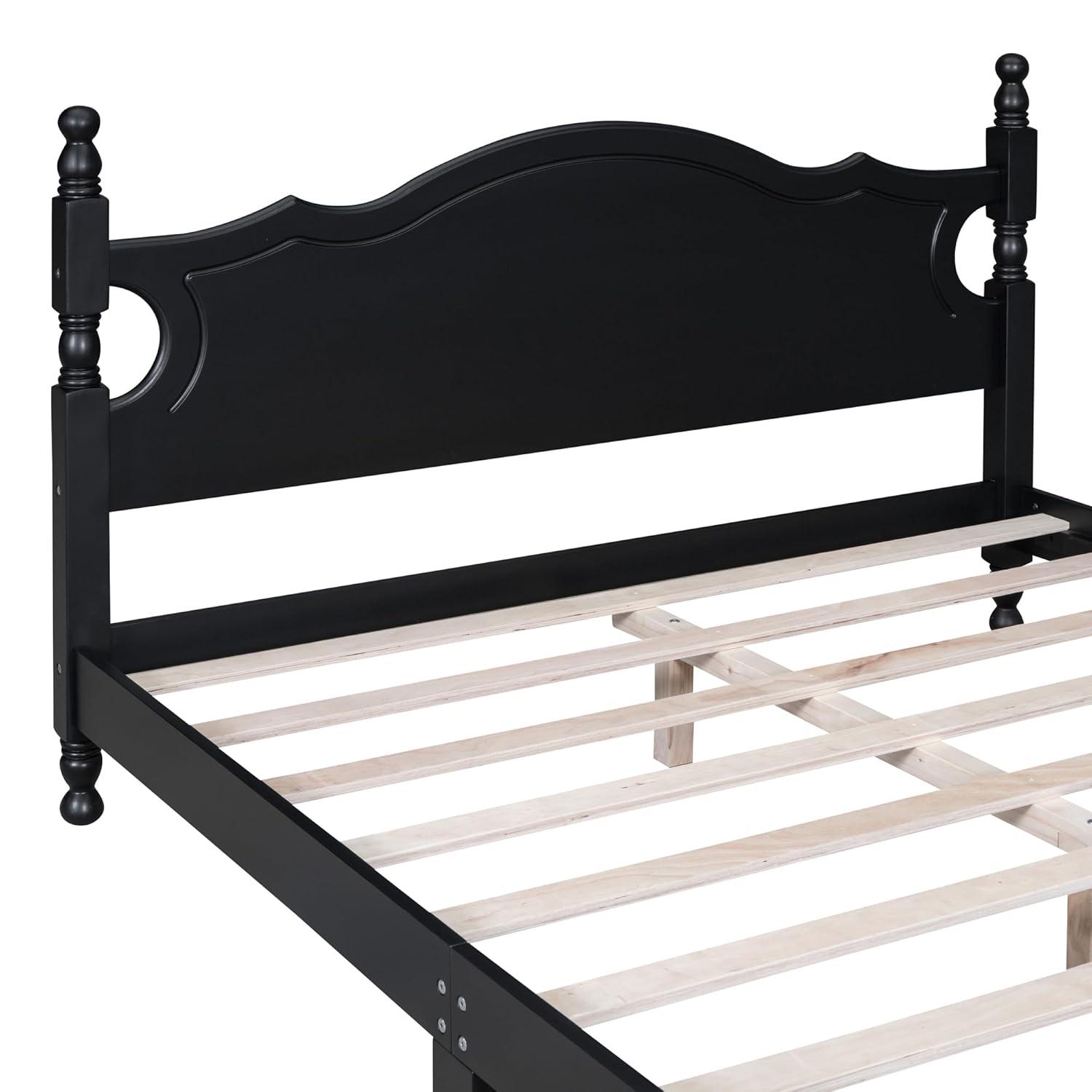 Queen Size Wood Platform Bed Frame for Boys Girls Kids Toddler,Retro Style Platform Bed with Wooden Slat Support,Black
