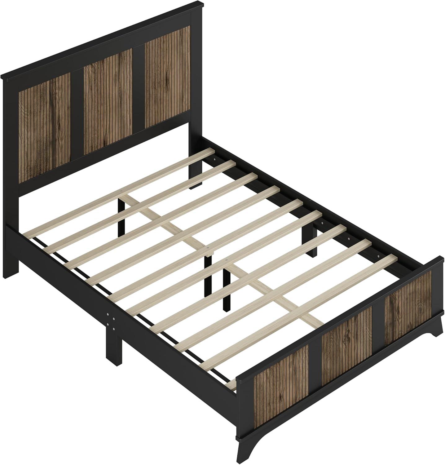 4 Pieces Bedroom Sets Queen Size Farmhouse Platform Bed with Wooden Strip Decoration, 2 Storage Nightstands and A 6-Drawer Dresser with Metal Handle for Kids Teens Adults - Black